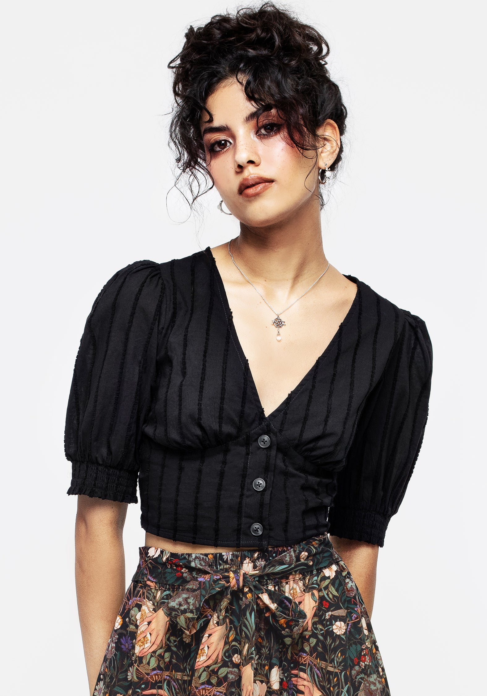 Puff Sleeve Crop Top with V-Neck & Button Front | Verity
