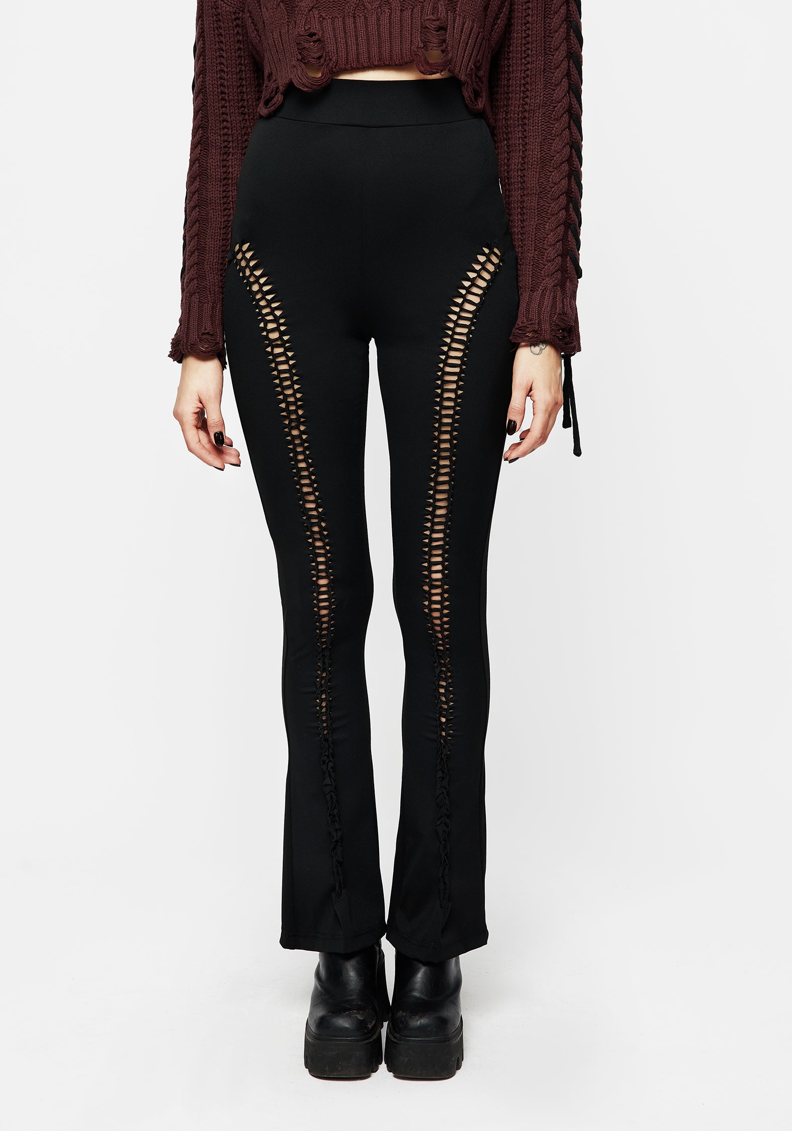 Black Cut-Out Flared Trousers | High-Waisted Slim Fit Jersey
