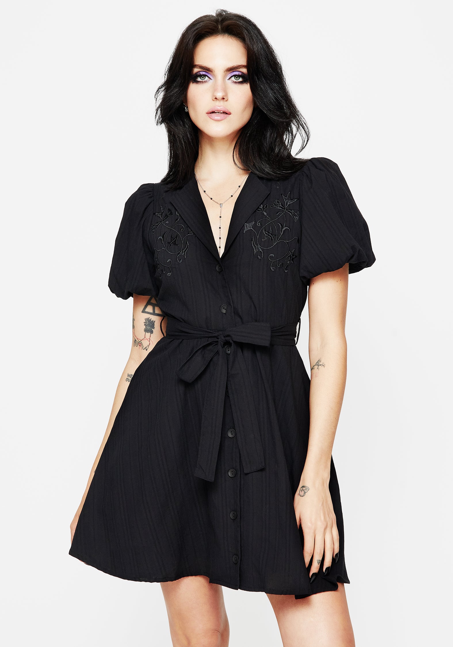 Black Embroidered Mini Shirt Dress with Puff Sleeves | Herbalist