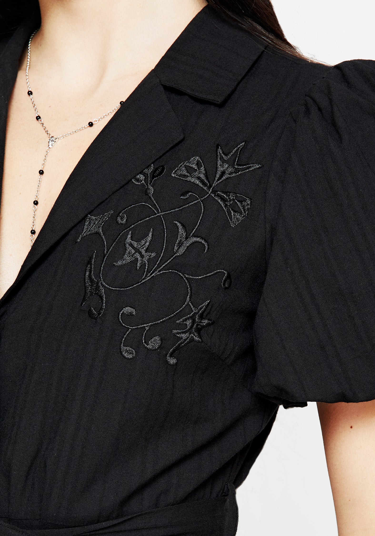 Black Embroidered Mini Shirt Dress with Puff Sleeves | Herbalist