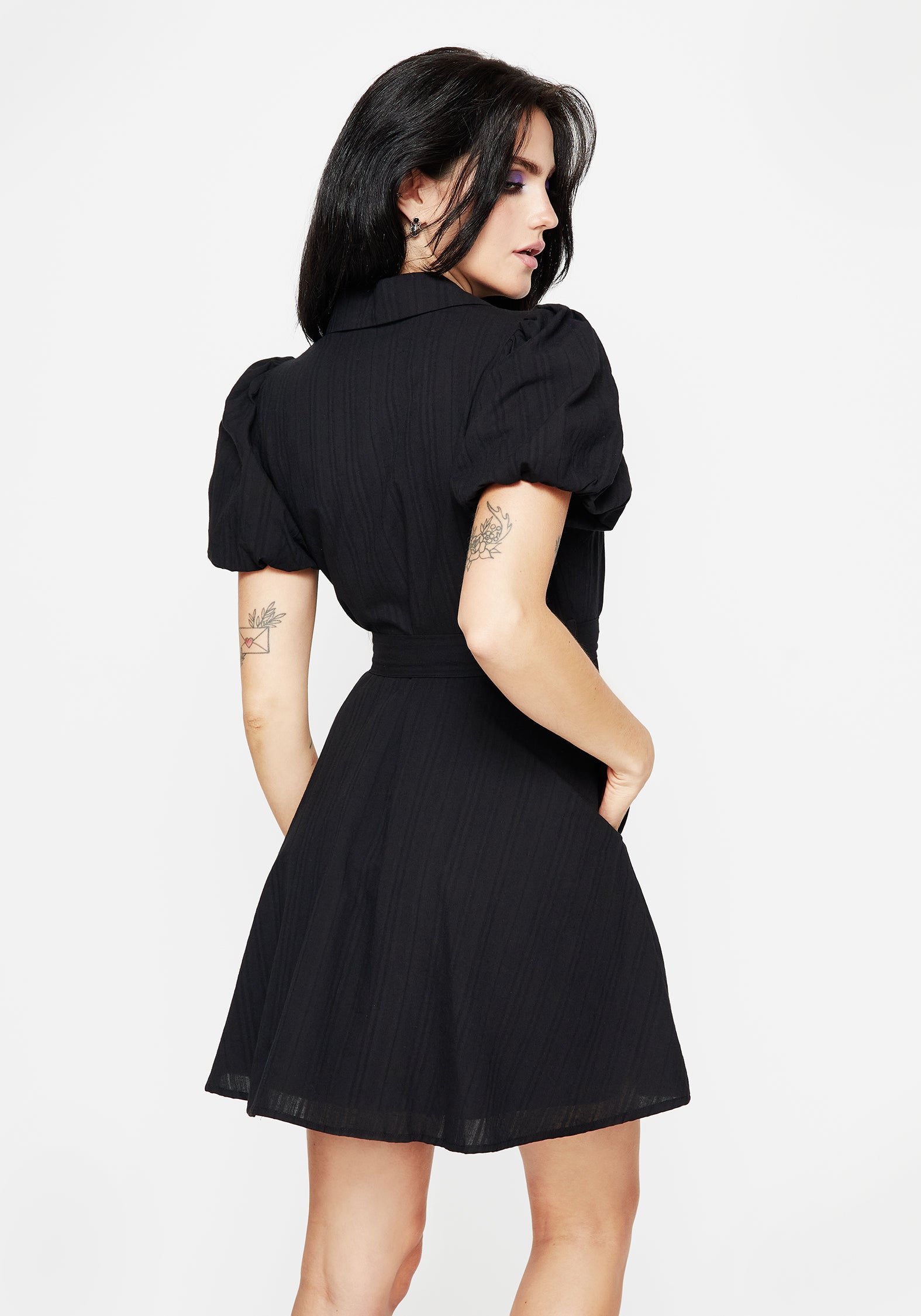 Black Embroidered Mini Shirt Dress with Puff Sleeves | Herbalist
