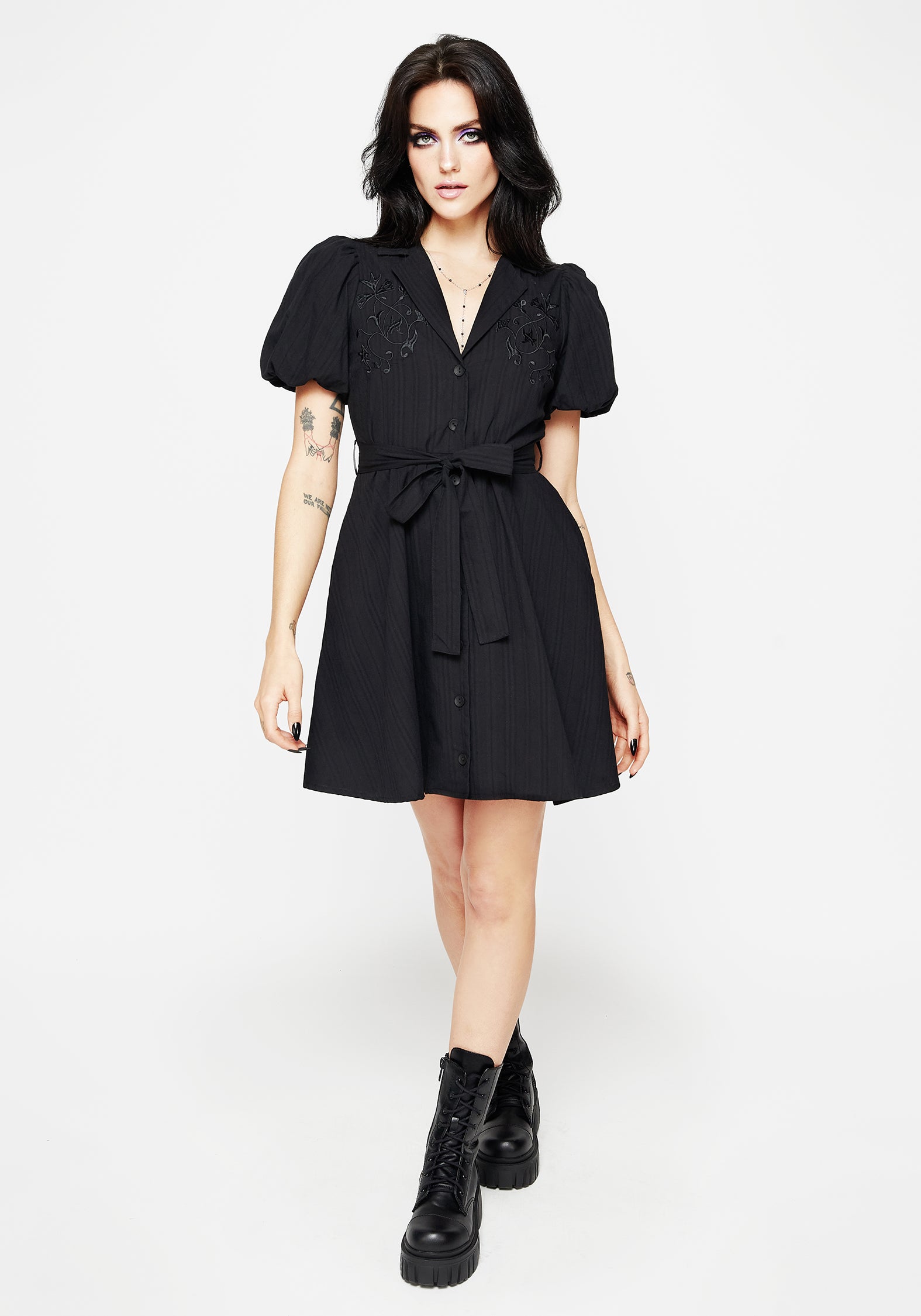 Black Embroidered Mini Shirt Dress with Puff Sleeves | Herbalist