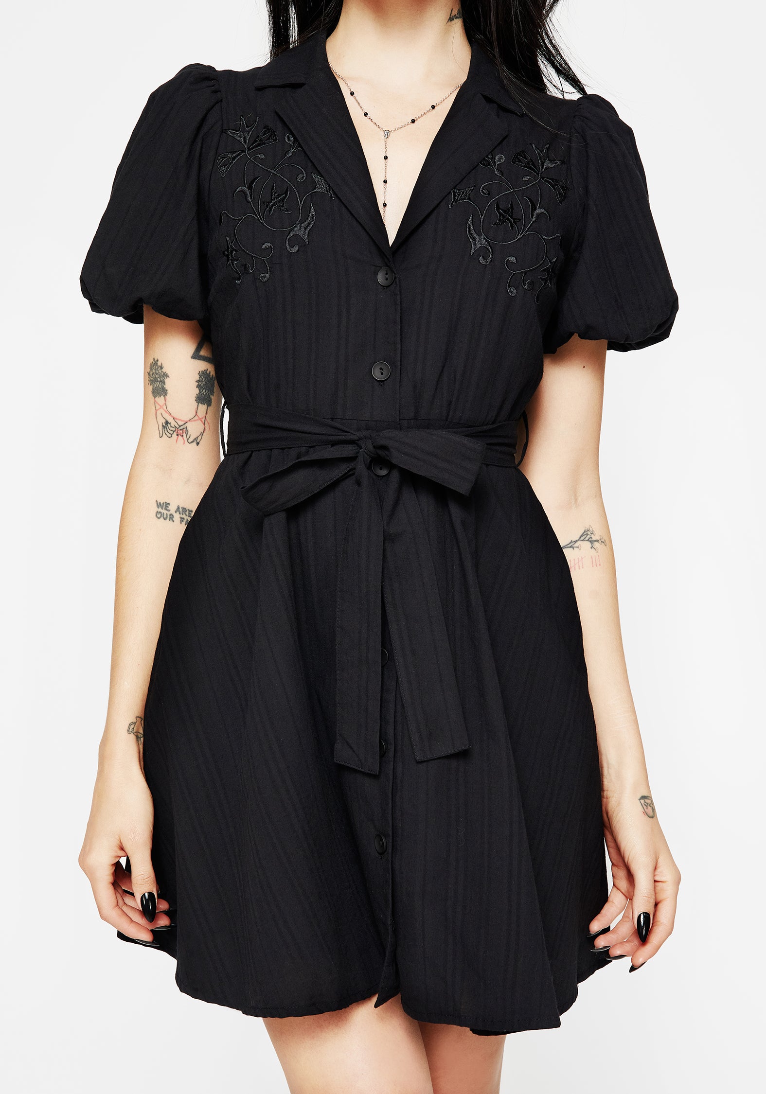 Black Embroidered Mini Shirt Dress with Puff Sleeves | Herbalist