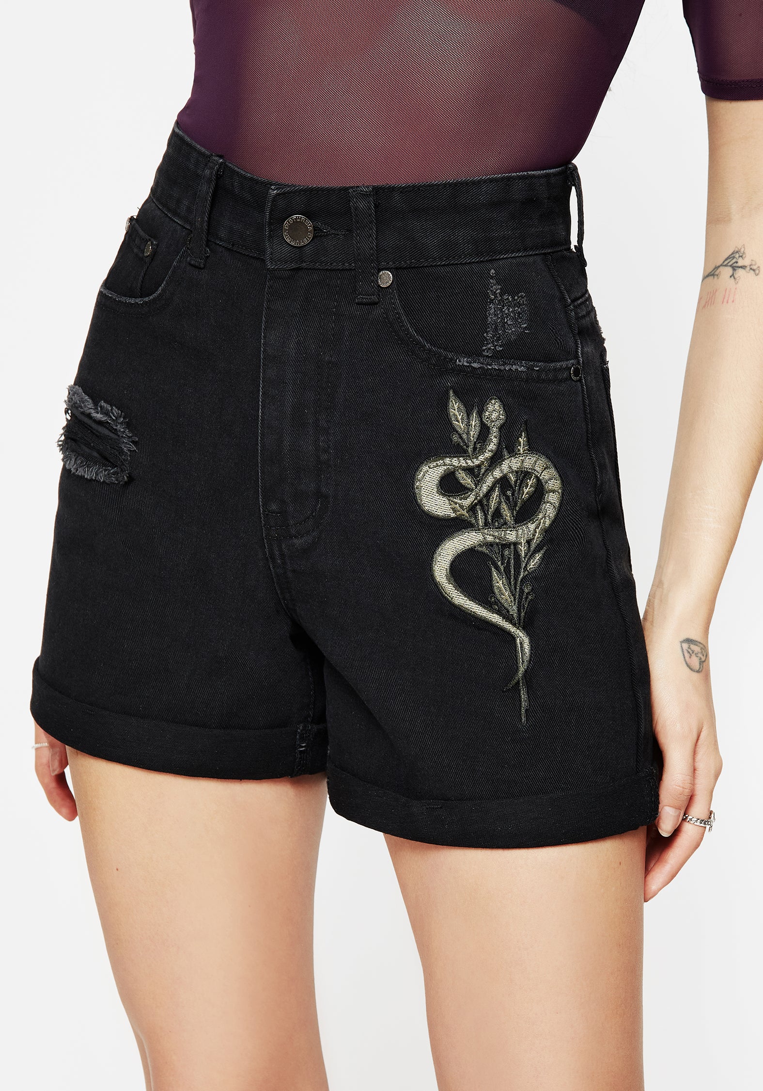 Distressed Denim Shorts with Snake & Mushroom Embroidery | Nirah