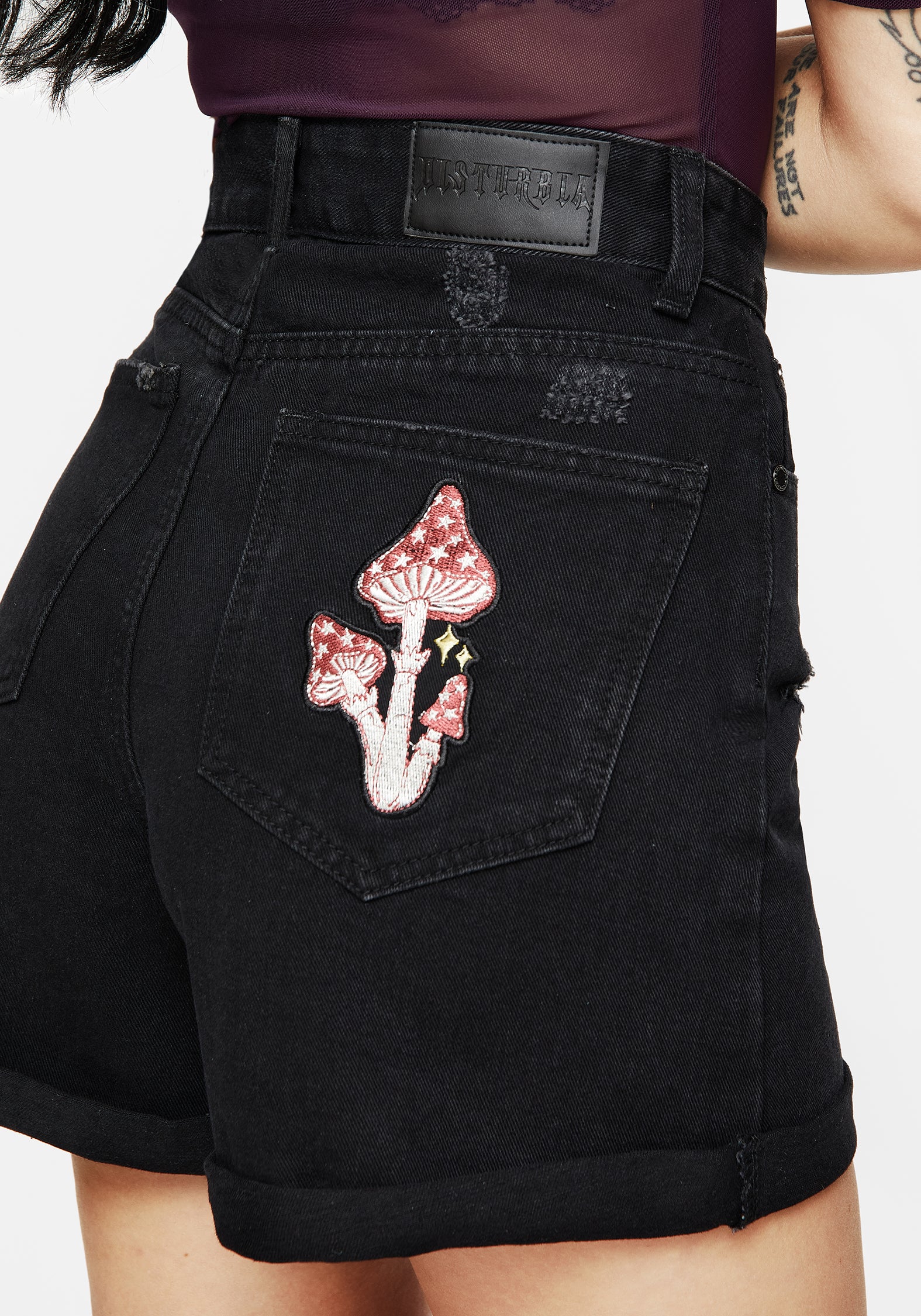 Distressed Denim Shorts with Snake & Mushroom Embroidery | Nirah
