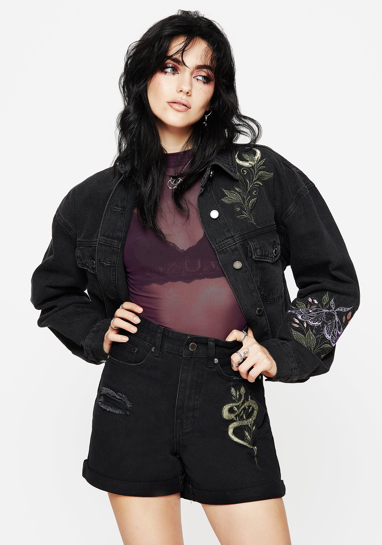 Distressed Denim Shorts with Snake & Mushroom Embroidery | Nirah