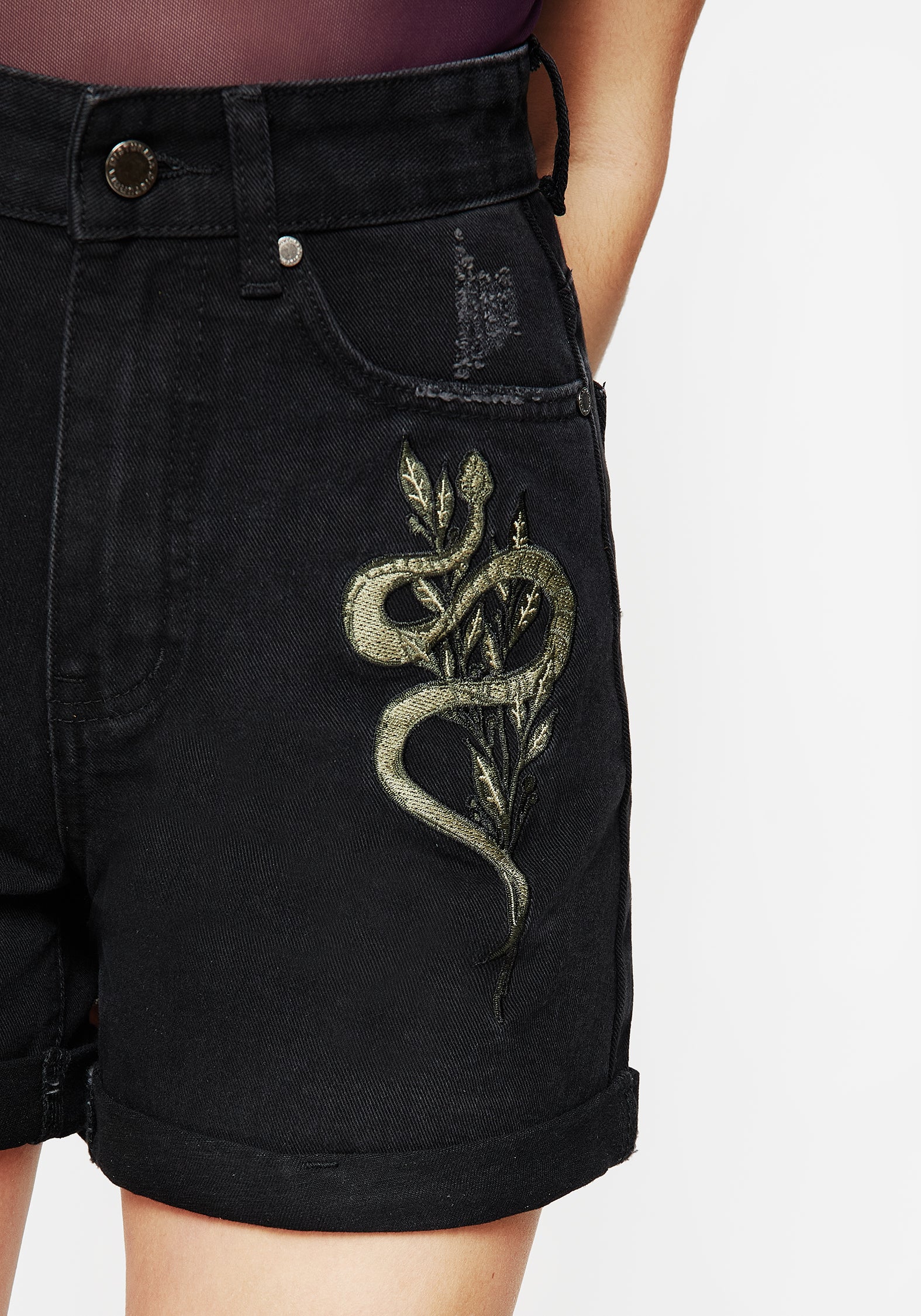 Distressed Denim Shorts with Snake & Mushroom Embroidery | Nirah