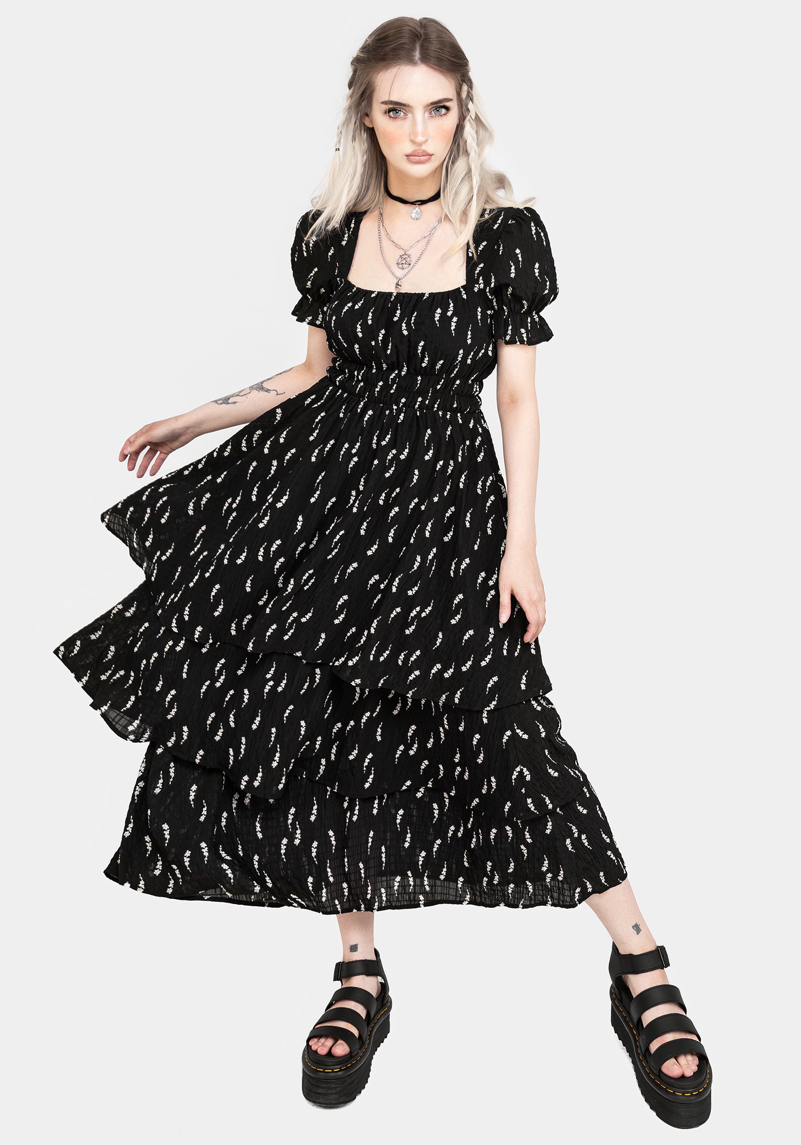 Black Floral Print Layered Midaxi Dress | Carmel