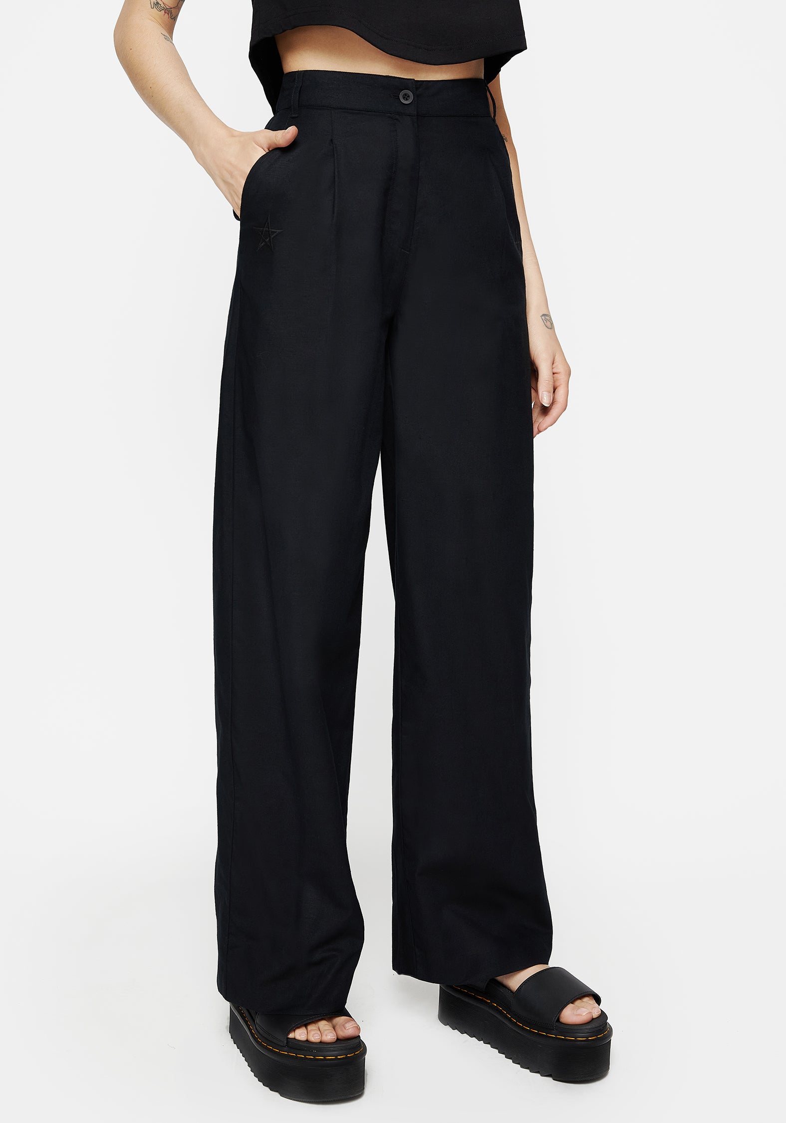Black Linen-Blend Tailored Trousers with Embroidered Pentagrams | Pentaculum