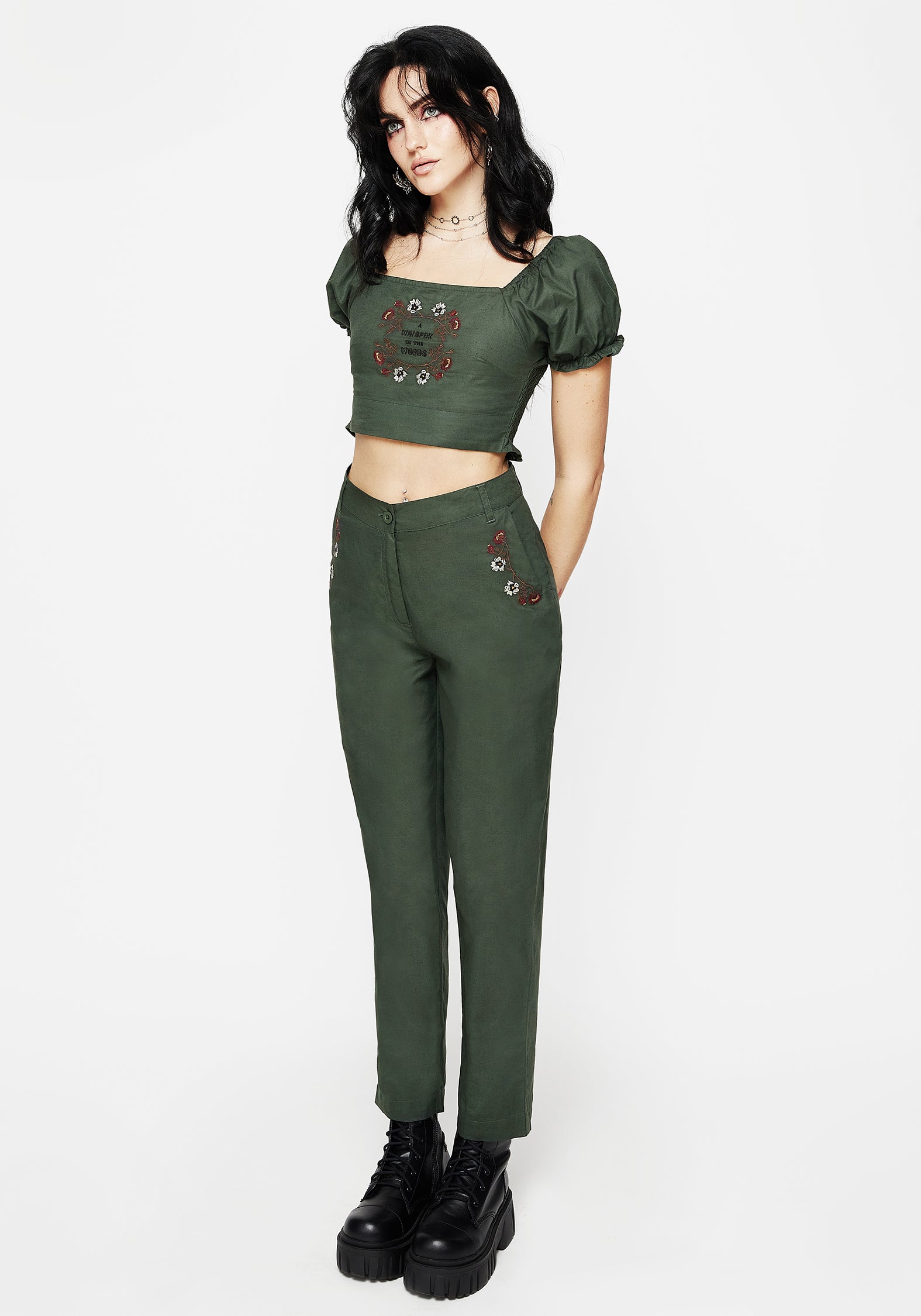 Embroidered Linen Tapered Trousers with Skeleton Charm | Whisper