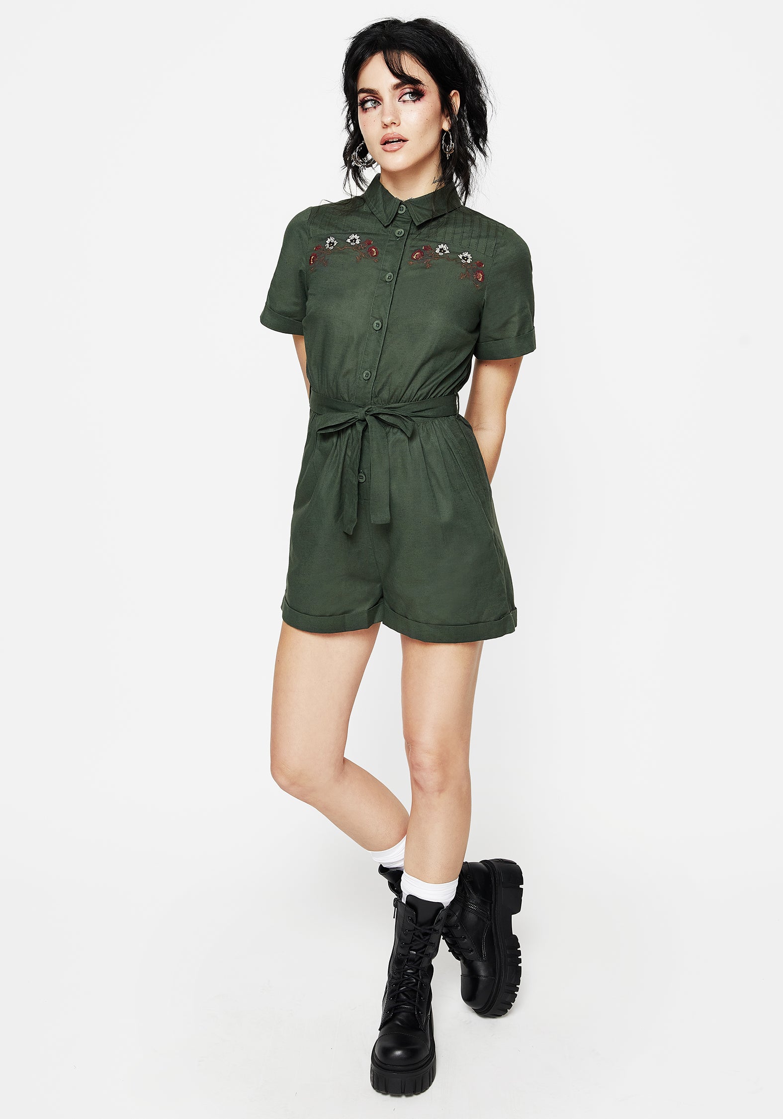 Embroidered Linen-Blend Playsuit with Pockets & Belt | Whisper