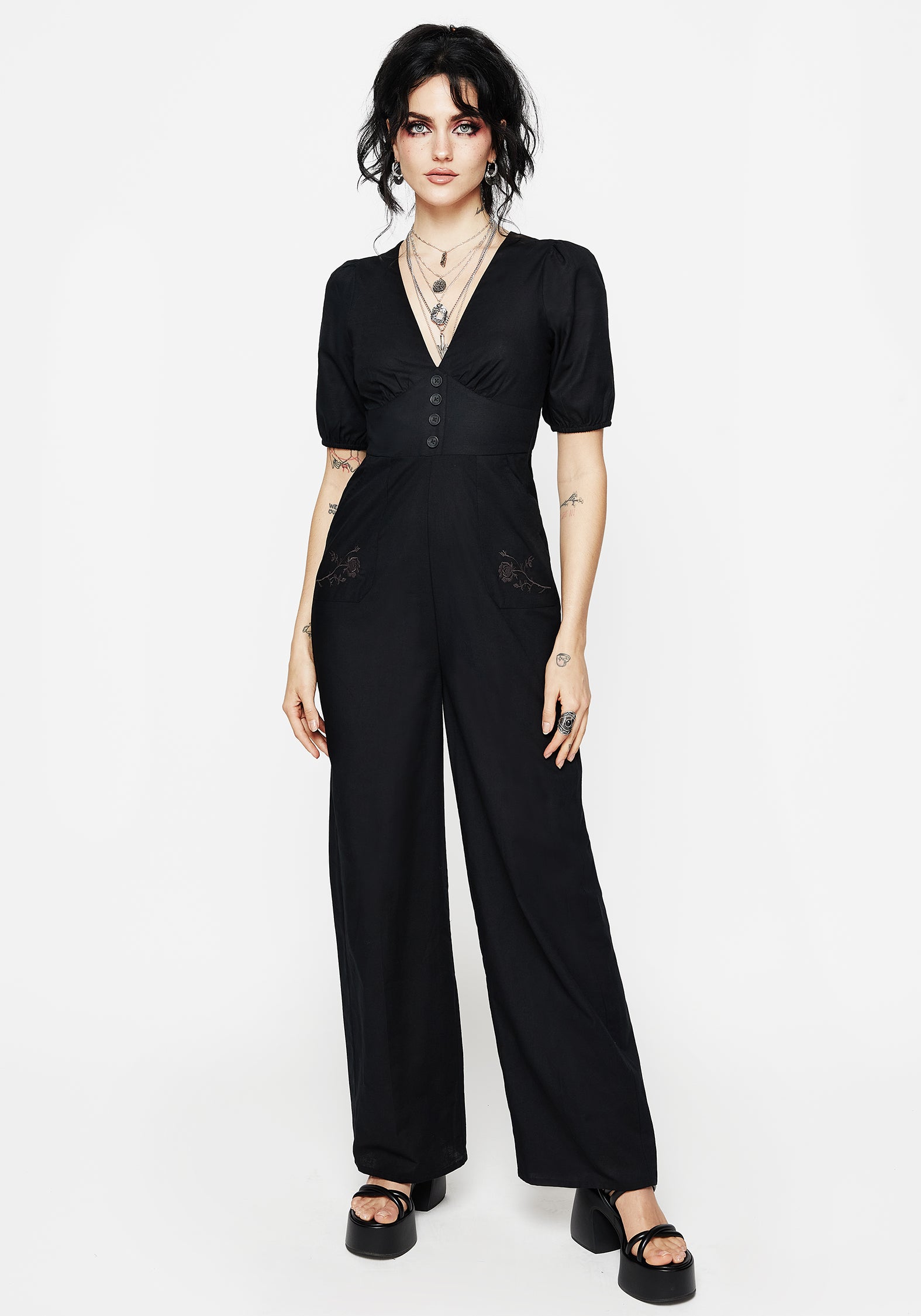 Black Rose Embroidered Linen-Blend Jumpsuit | Briar Wide Leg