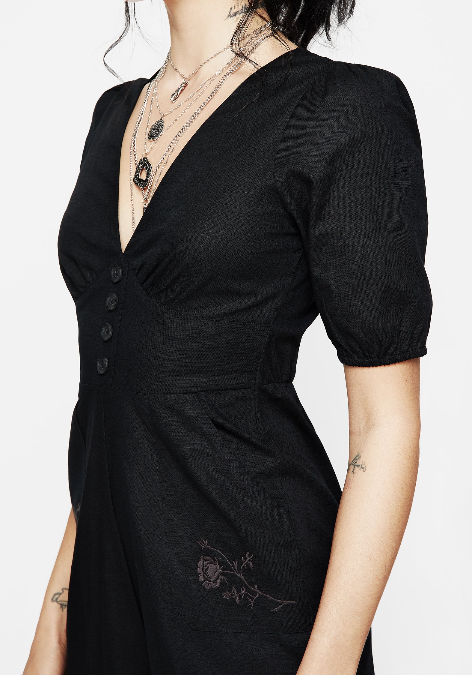 Black Rose Embroidered Linen-Blend Jumpsuit | Briar Wide Leg