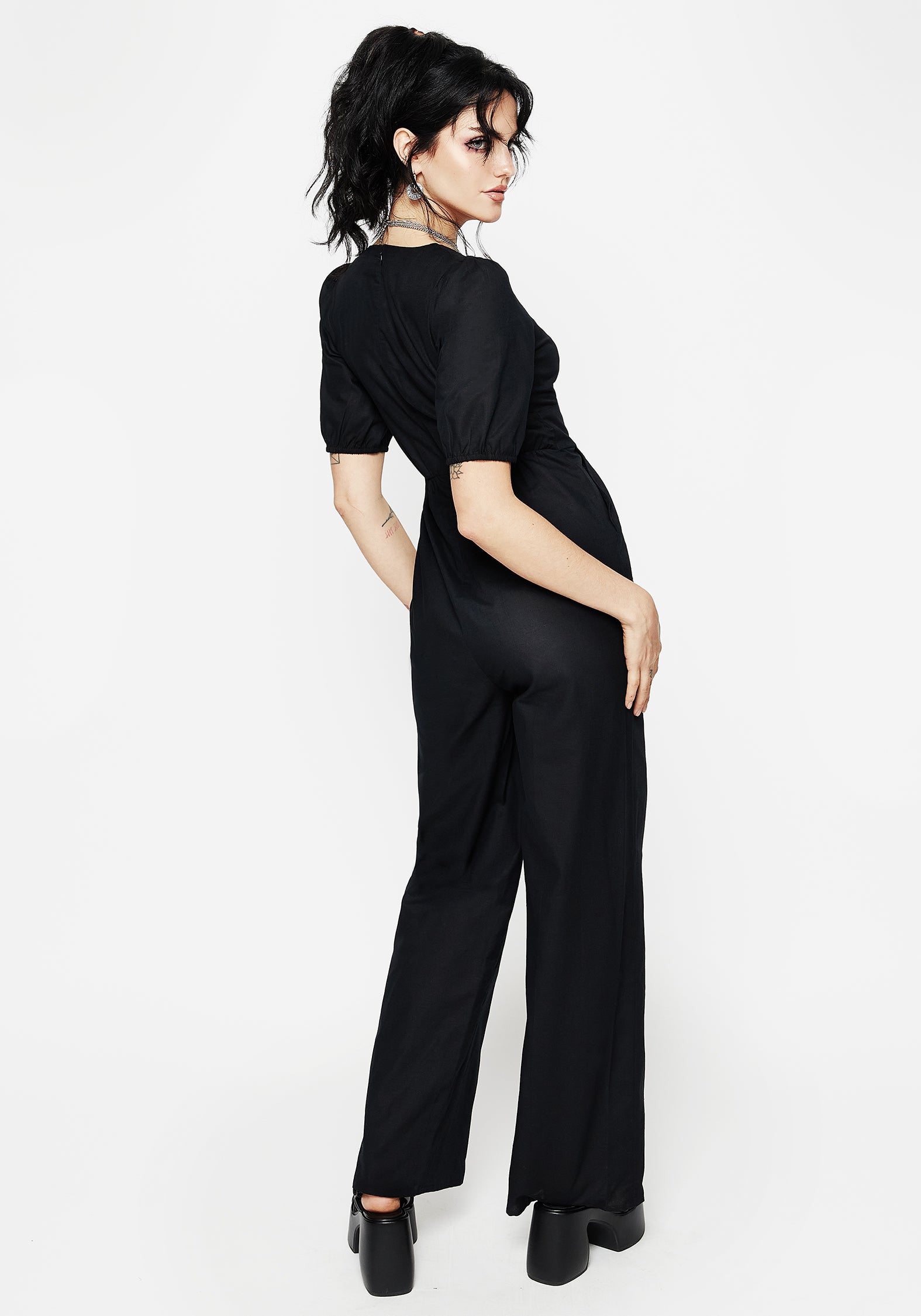 Black Rose Embroidered Linen-Blend Jumpsuit | Briar Wide Leg
