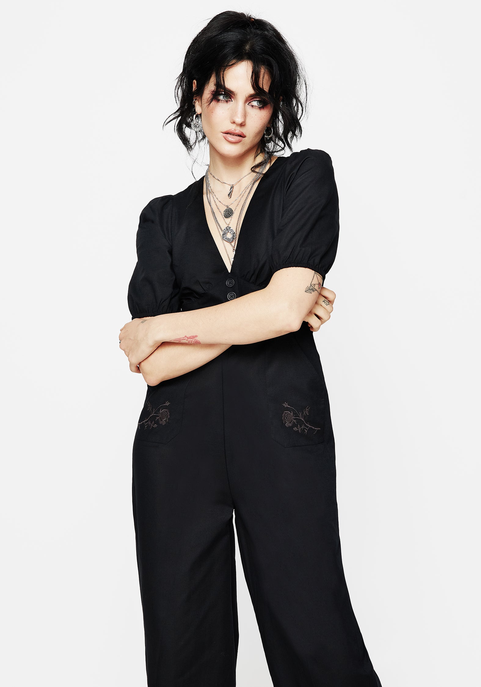 Black Rose Embroidered Linen-Blend Jumpsuit | Briar Wide Leg