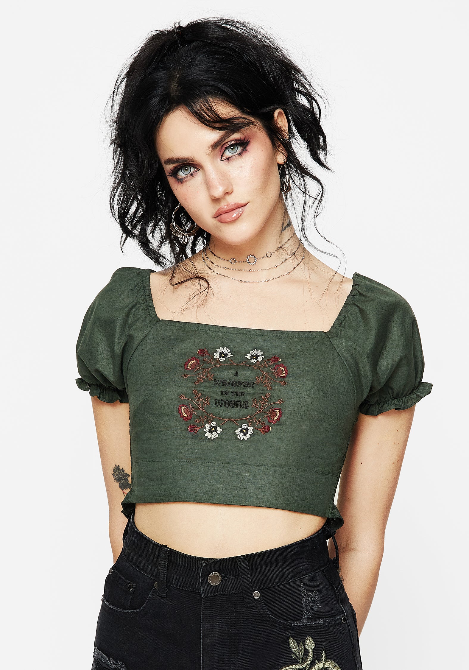 Embroidered Linen-Blend Crop Top with Puffed Sleeves | Whisper