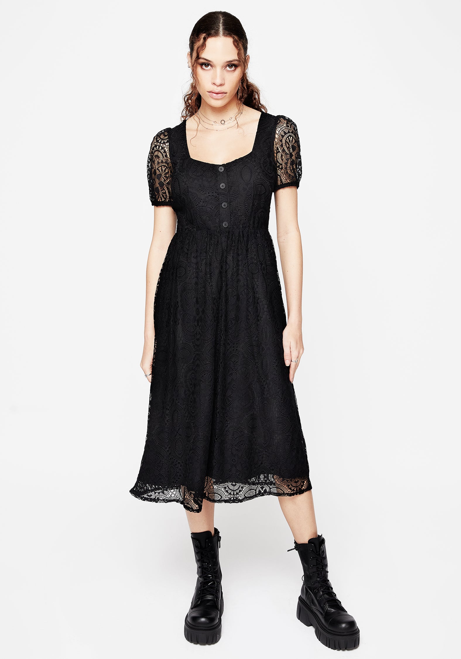 Black Lace Midi Dress with Button Front & Puff Sleeves | Harmonia