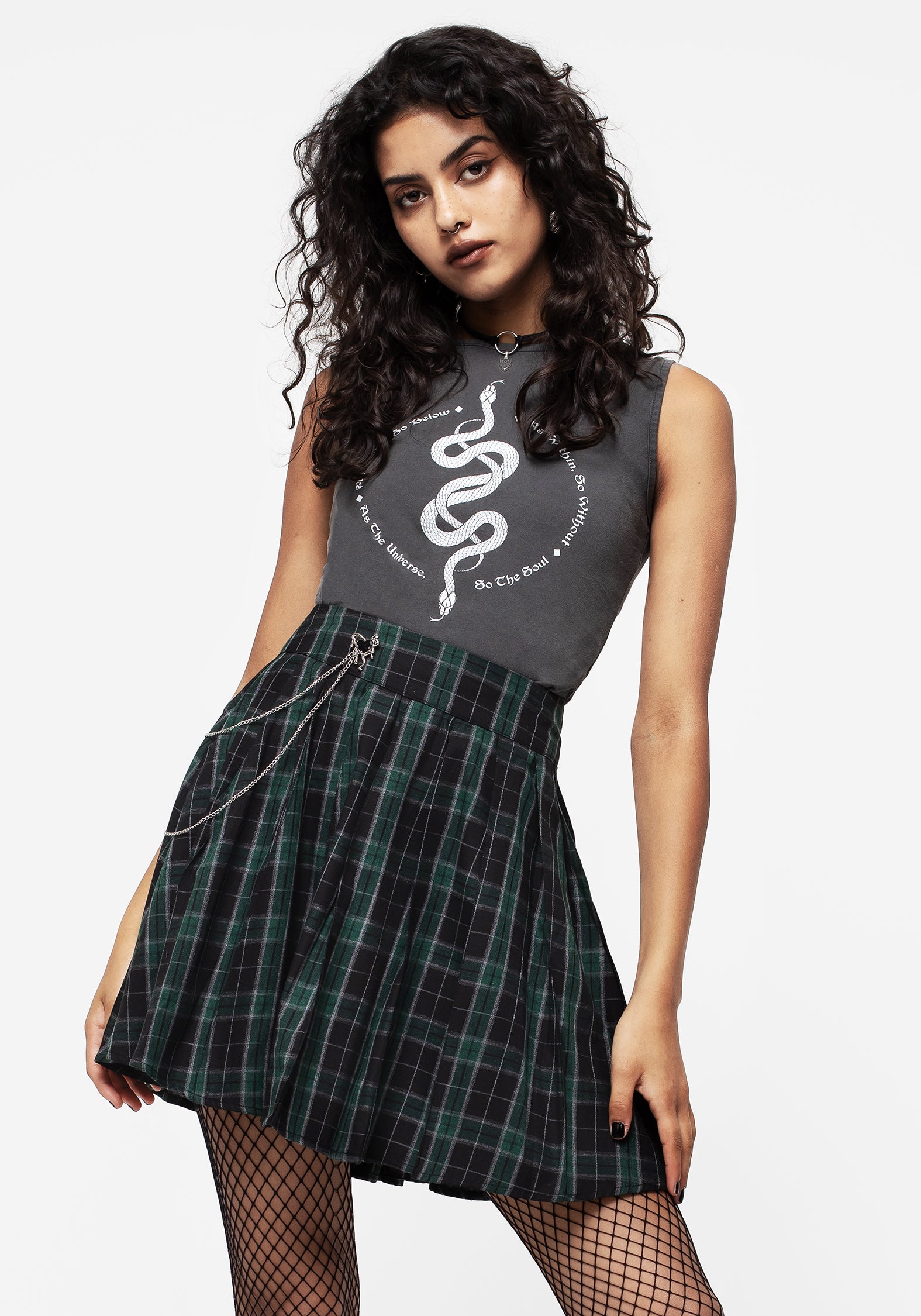 Black & Green Check Pleated Mini Skirt with Charms | Cardio Cotton