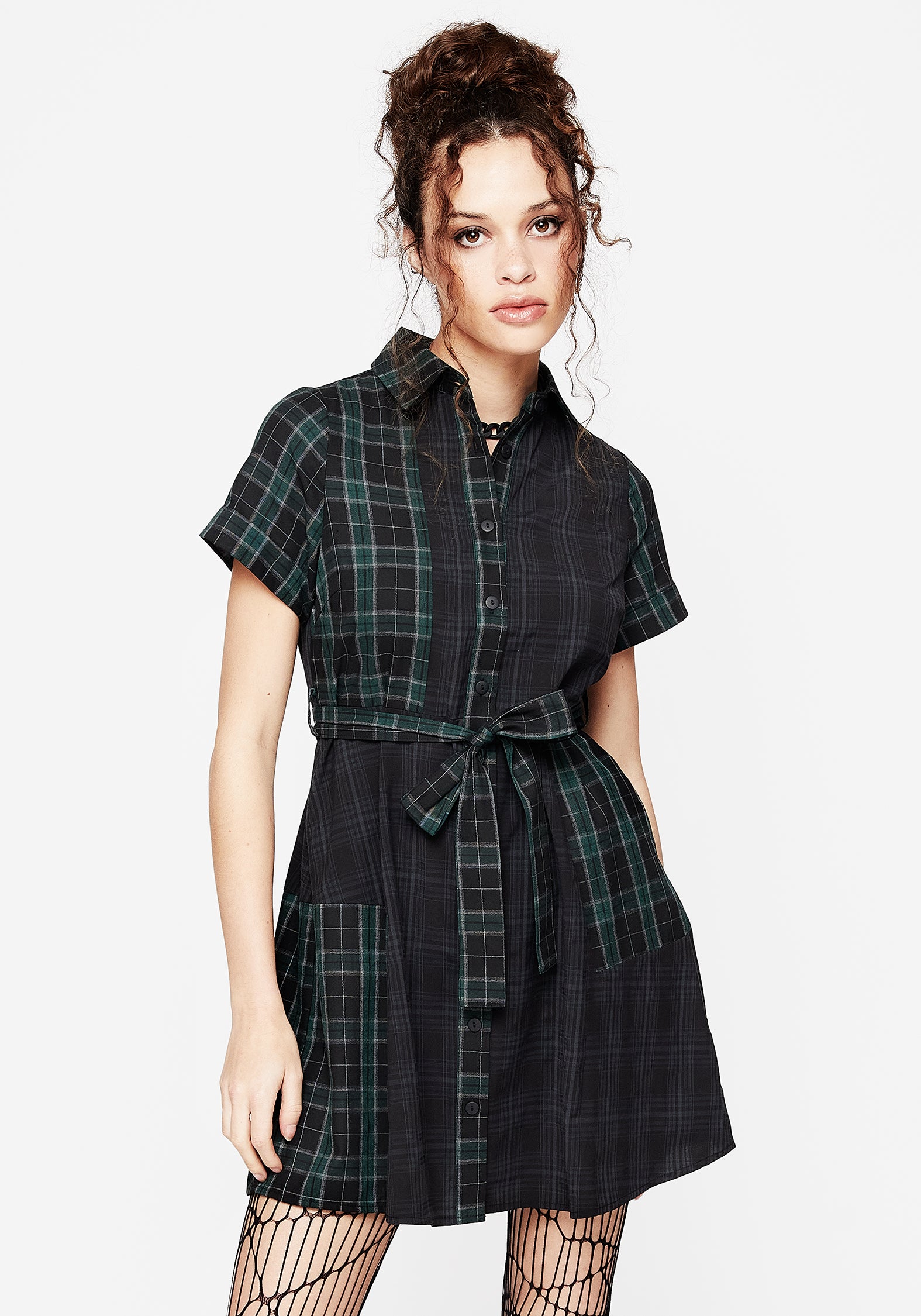 Black & Green Check Cotton Mini Shirt Dress with Belt | Nubia