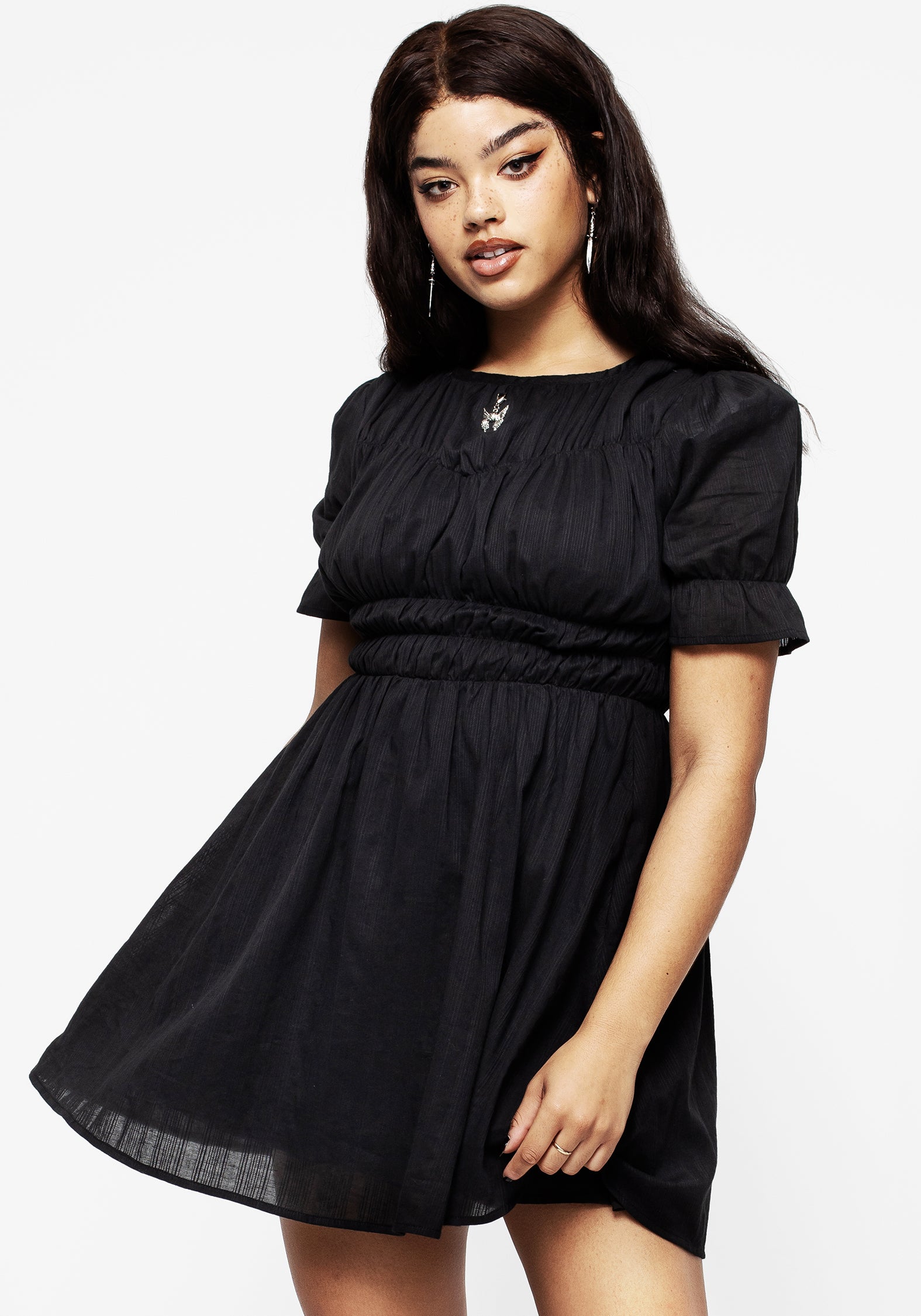 Black Crinkle Cotton Mini Dress with Puff Sleeves & Pockets | Bedelia