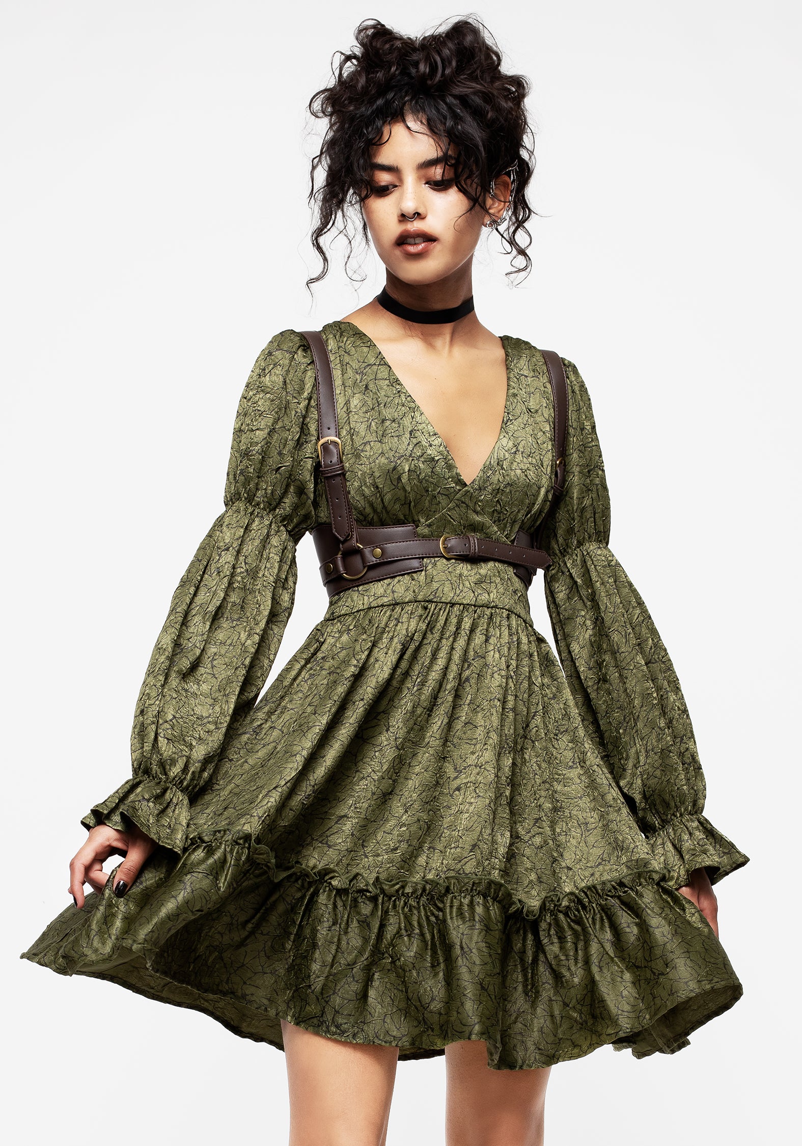 Green Crinkle V-Neck Puff Sleeve Mini Dress | Arda Virago