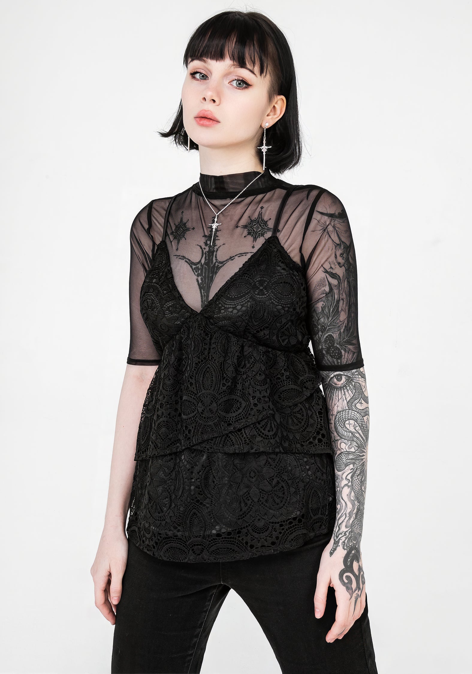 Black Floral Lace Peplum Cami Top with Adjustable Straps | Rumour