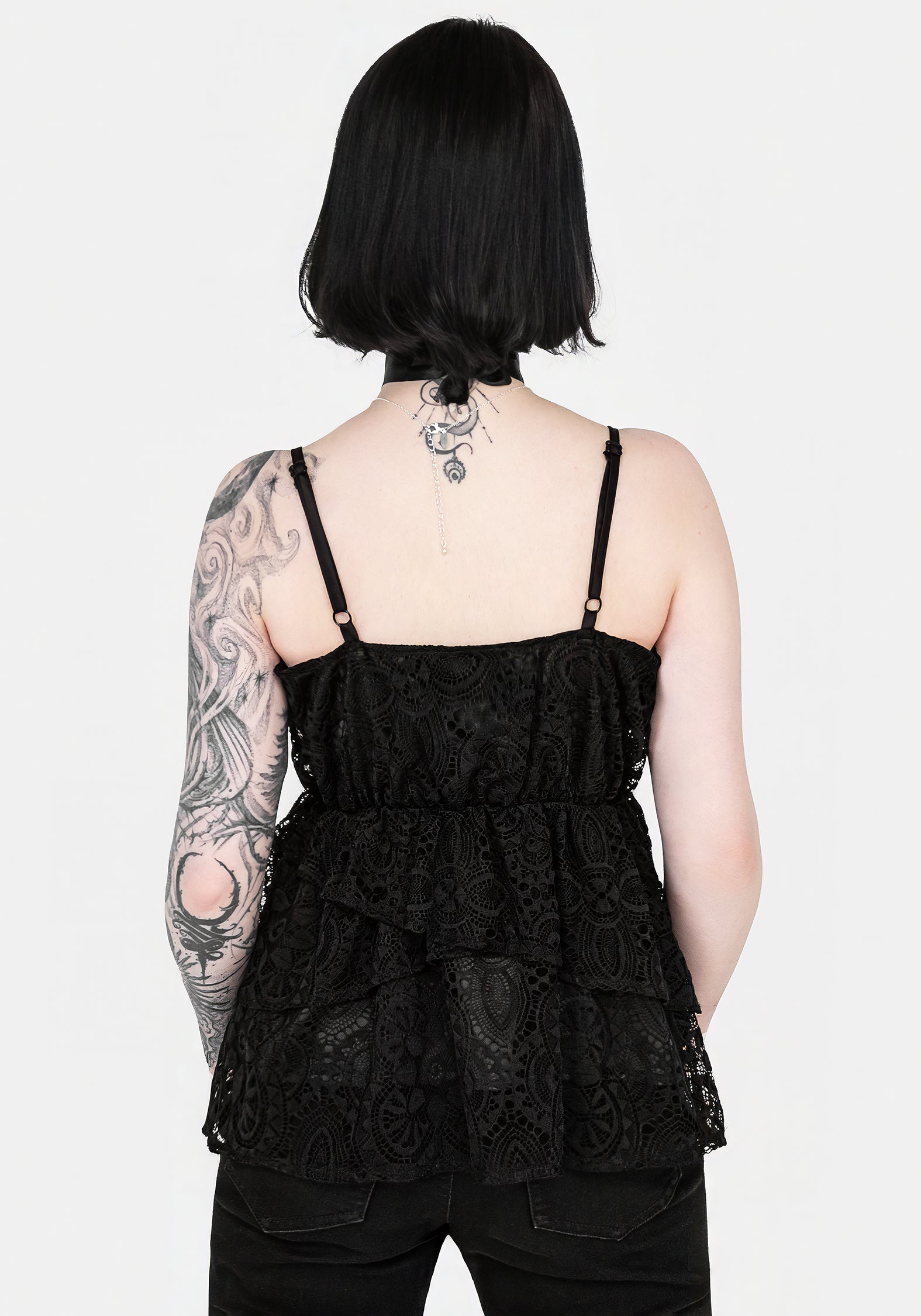 Black Floral Lace Peplum Cami Top with Adjustable Straps | Rumour