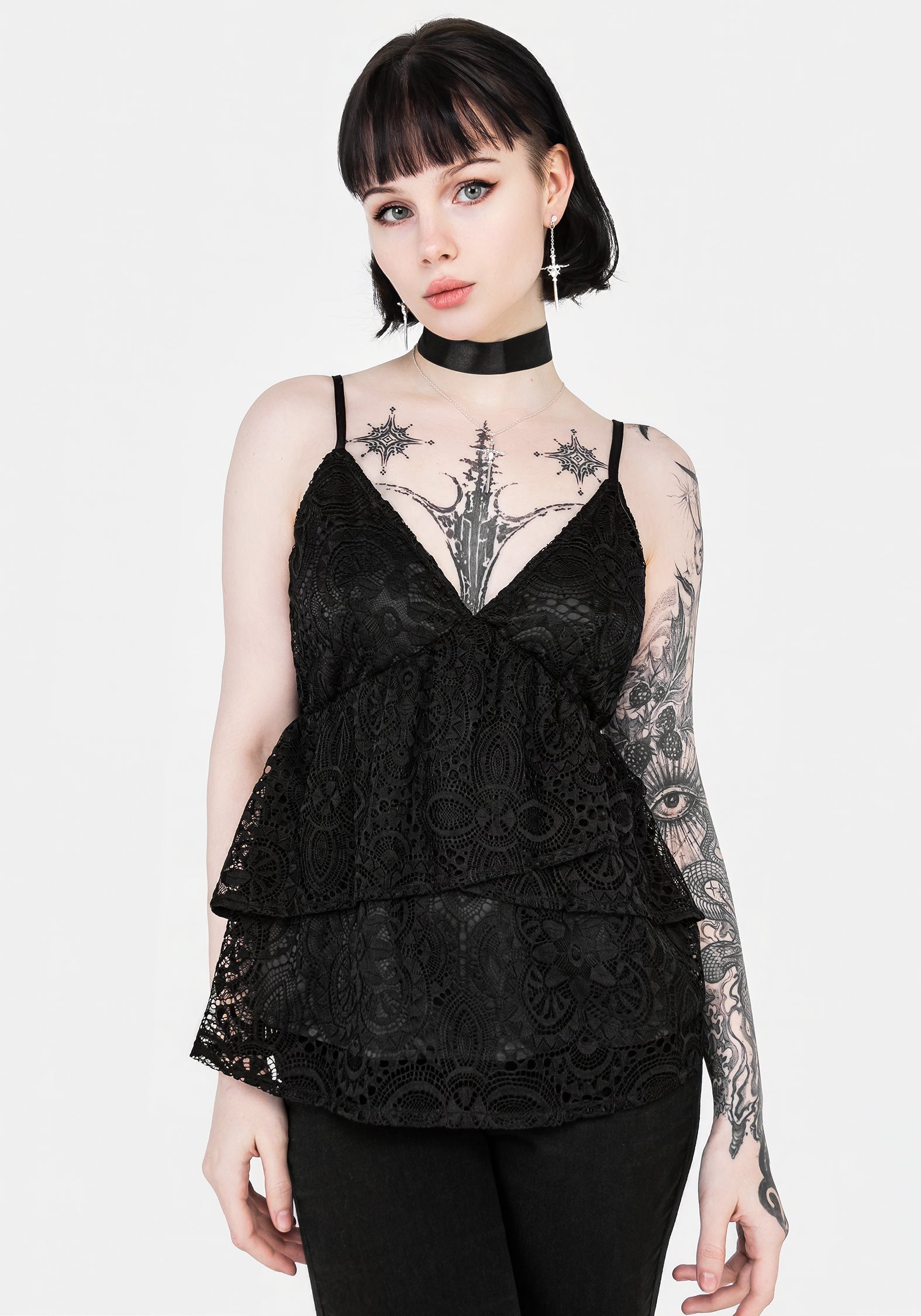Black Floral Lace Peplum Cami Top with Adjustable Straps | Rumour