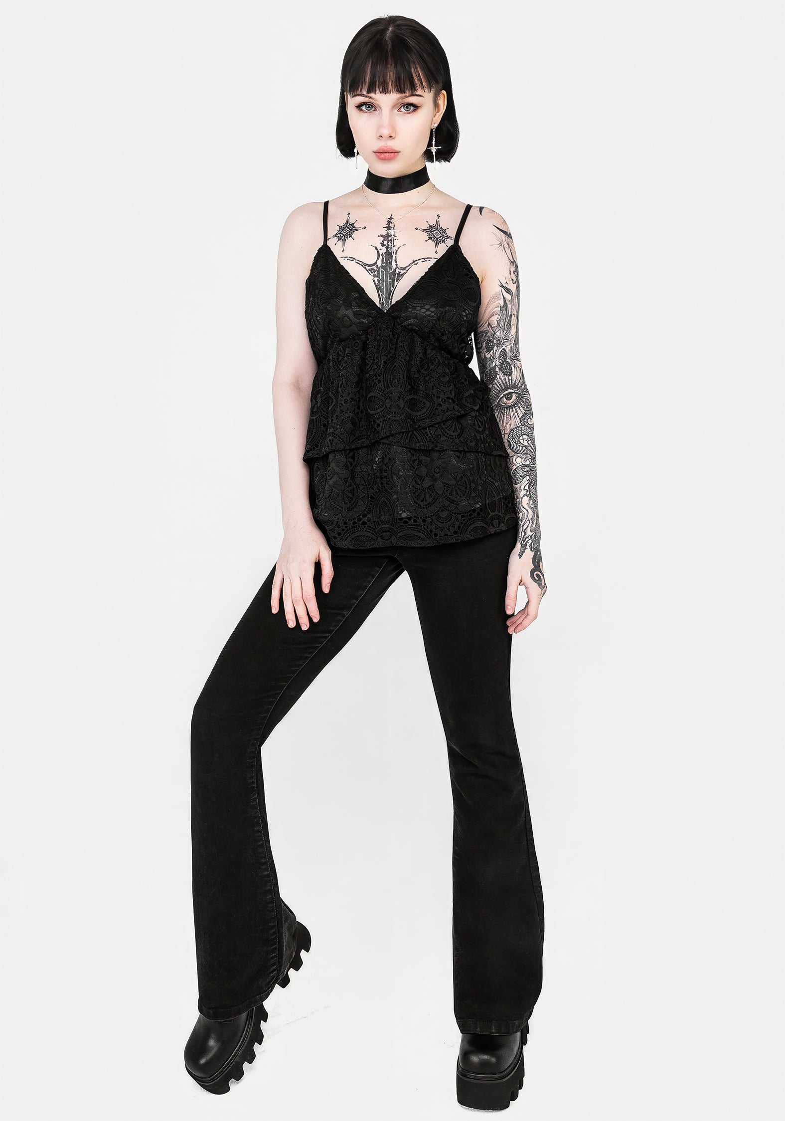 Black Floral Lace Peplum Cami Top with Adjustable Straps | Rumour