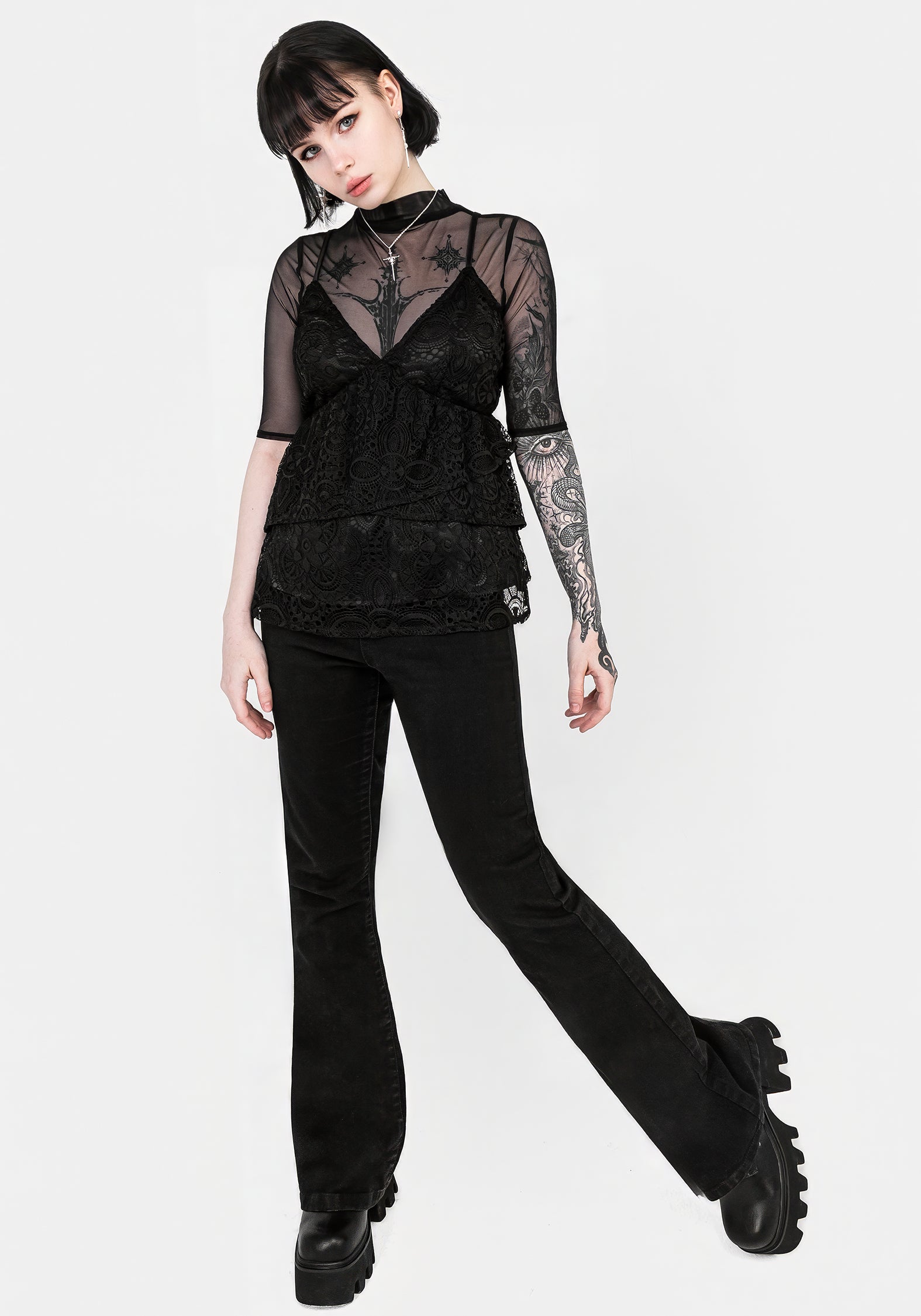 Black Floral Lace Peplum Cami Top with Adjustable Straps | Rumour