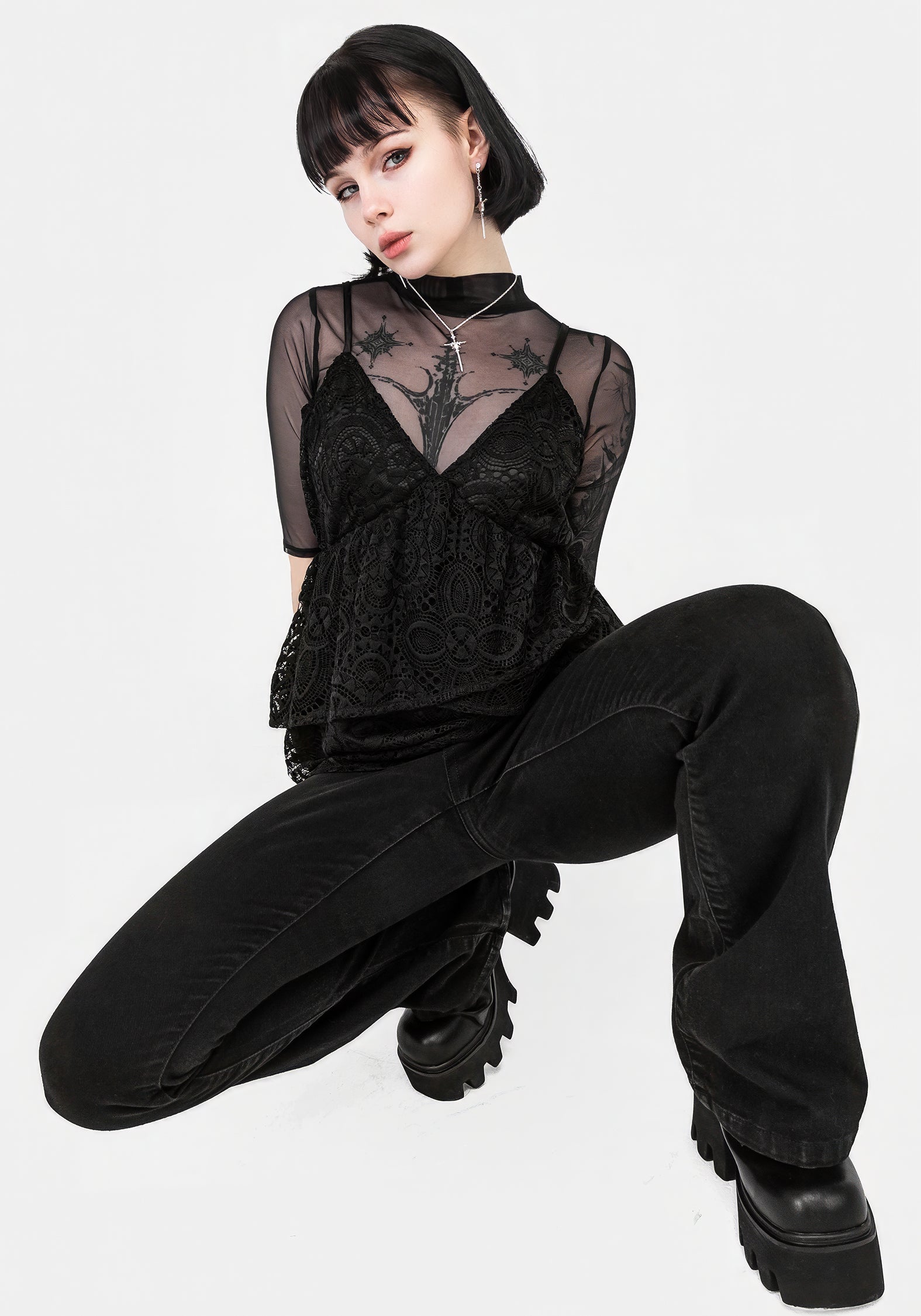Black Floral Lace Peplum Cami Top with Adjustable Straps | Rumour