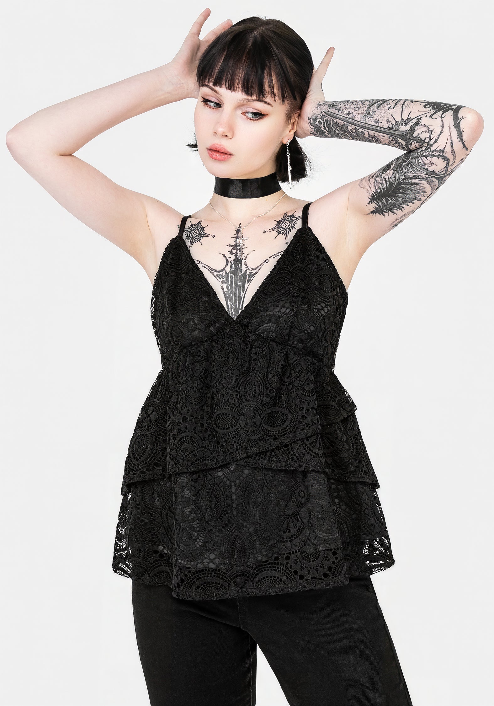 Black Floral Lace Peplum Cami Top with Adjustable Straps | Rumour