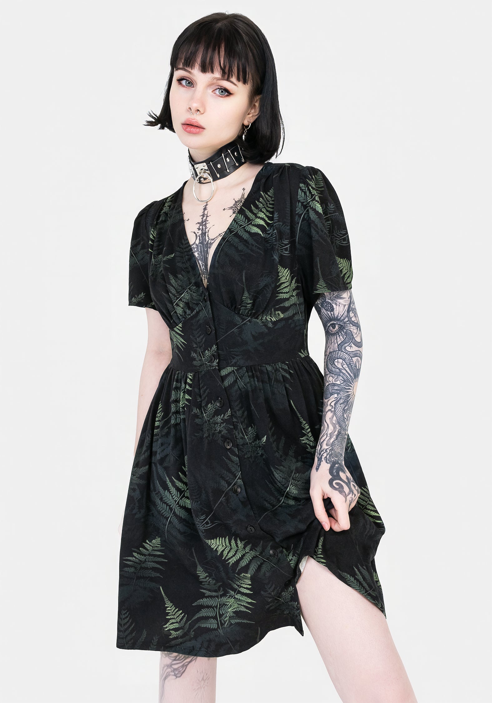 Black & Green Fern Print Button Up Corset Mini Dress | Silky Rayon