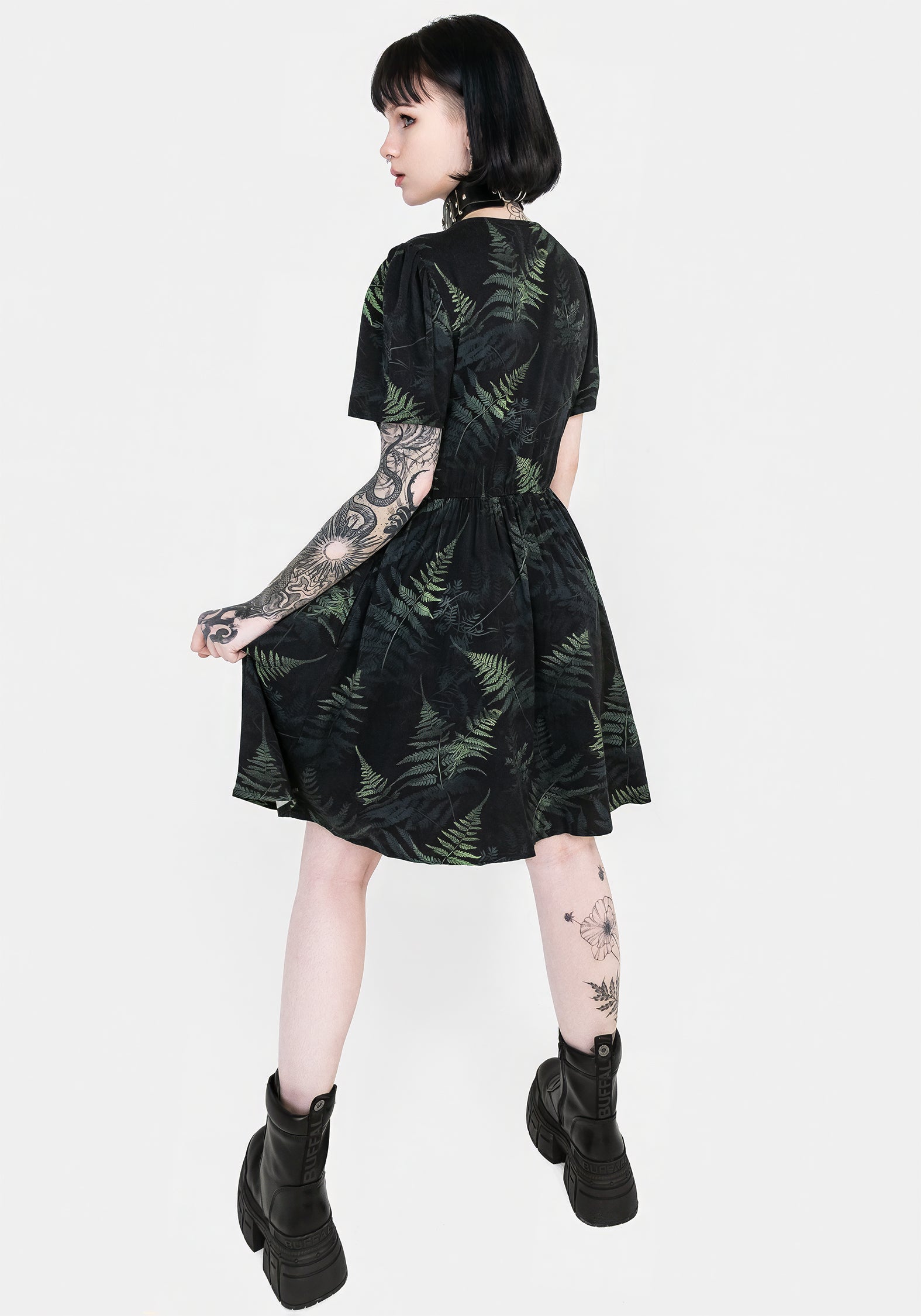 Black & Green Fern Print Button Up Corset Mini Dress | Silky Rayon