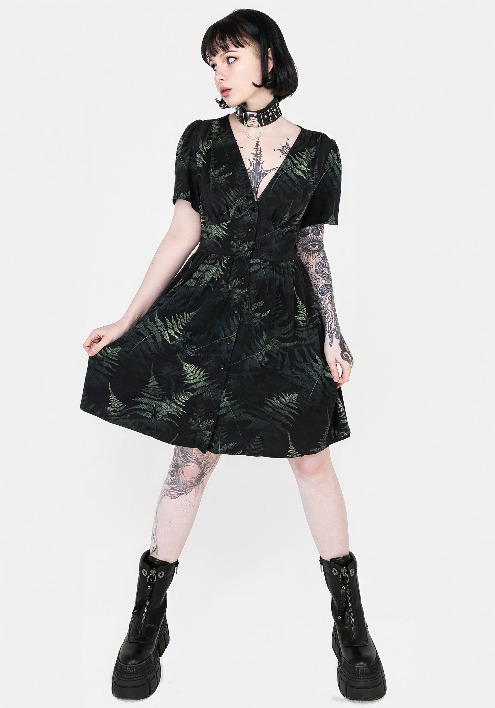 Black & Green Fern Print Button Up Corset Mini Dress | Silky Rayon