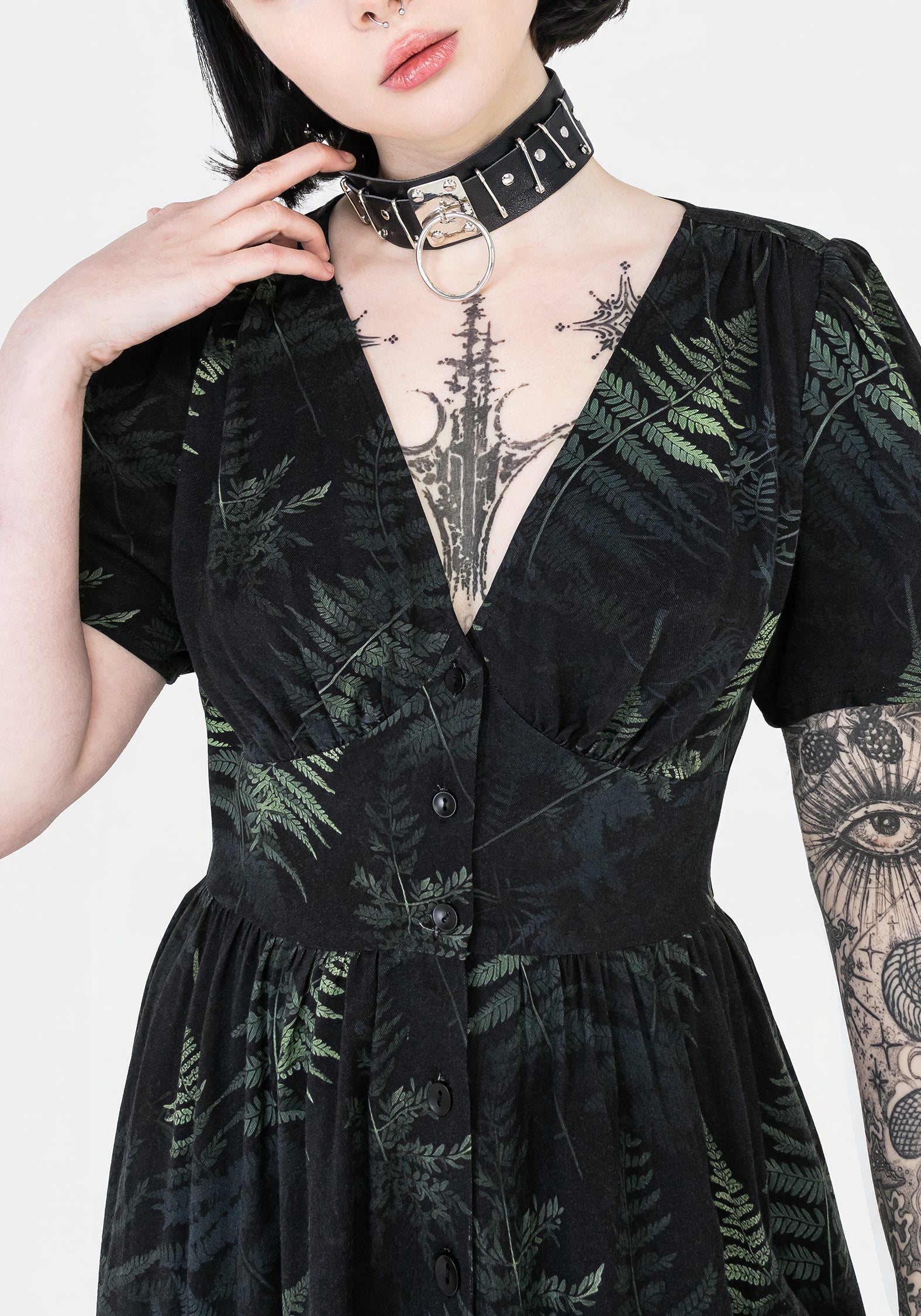 Black & Green Fern Print Button Up Corset Mini Dress | Silky Rayon