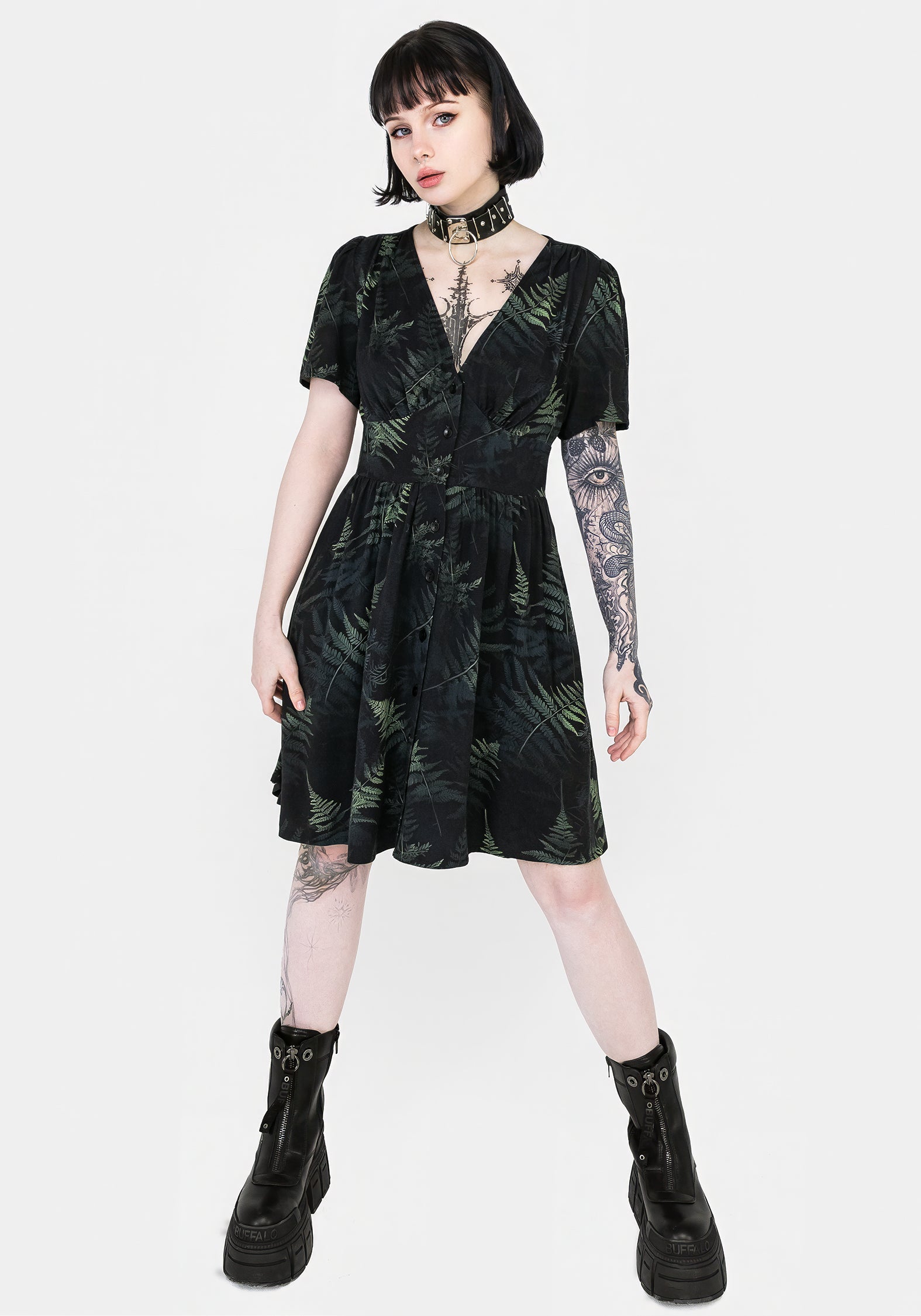 Black & Green Fern Print Button Up Corset Mini Dress | Silky Rayon