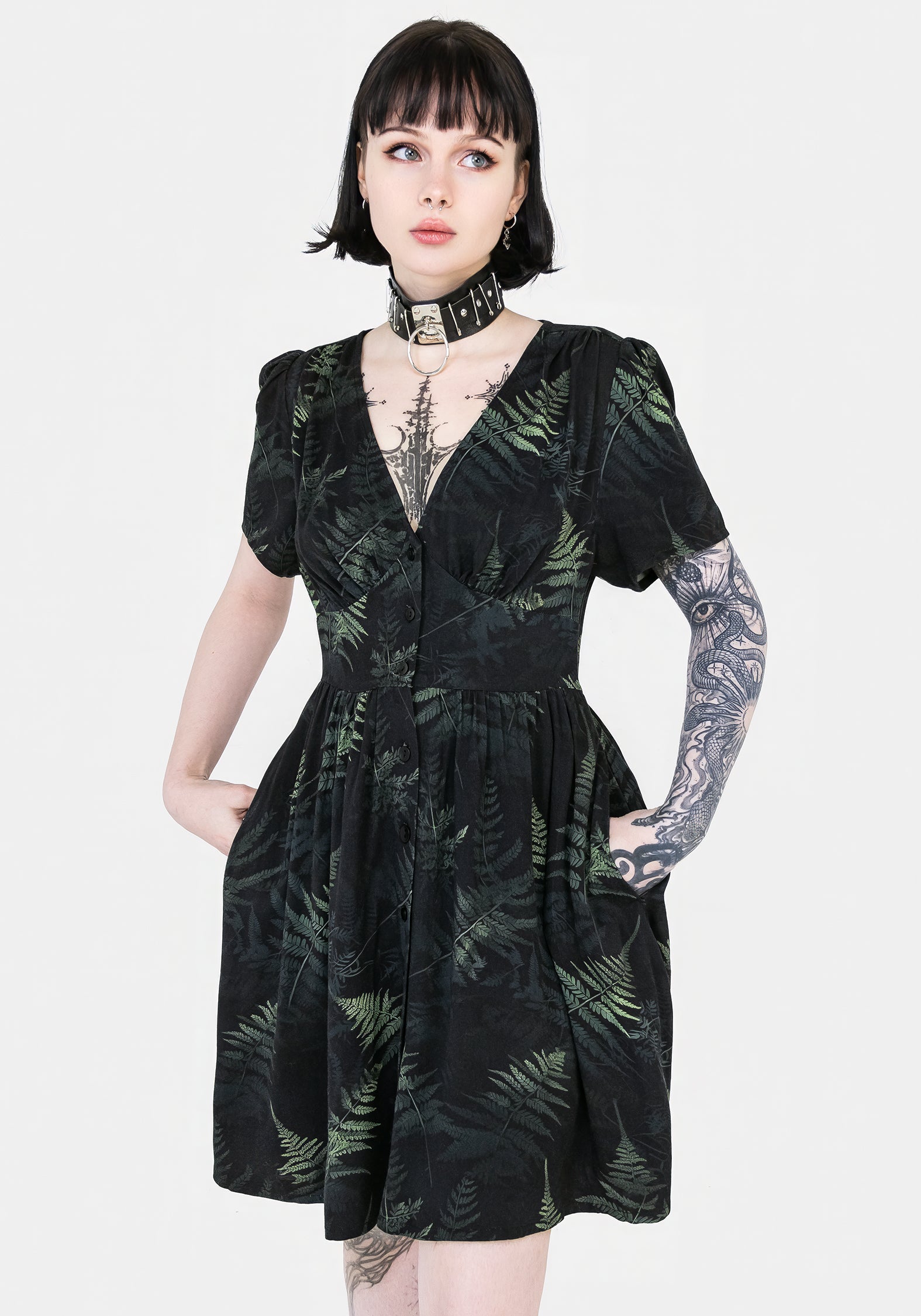Black & Green Fern Print Button Up Corset Mini Dress | Silky Rayon
