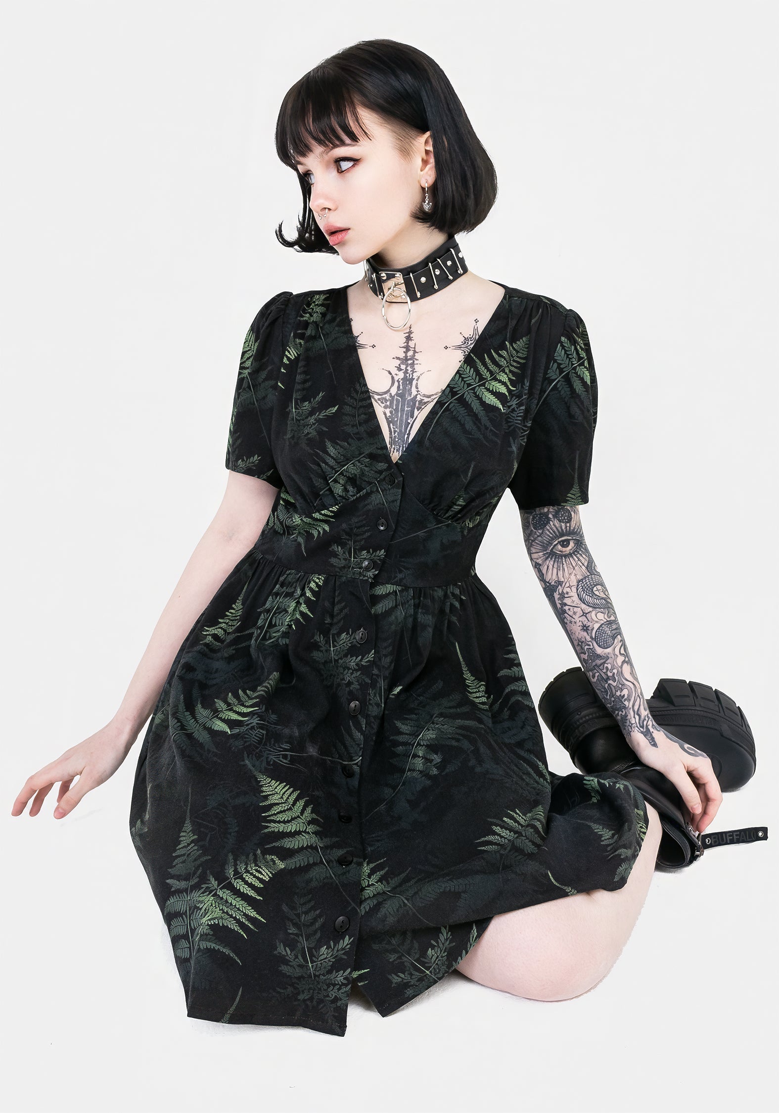 Black & Green Fern Print Button Up Corset Mini Dress | Silky Rayon