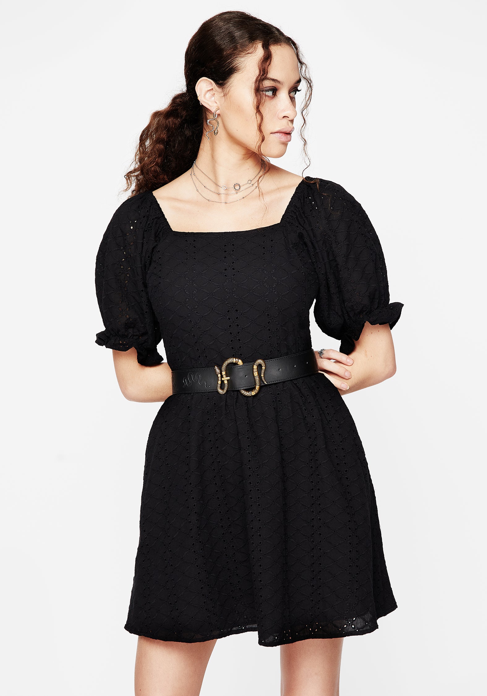 Black Broderie Puff Sleeve Mini Dress with Pockets | Euthymia