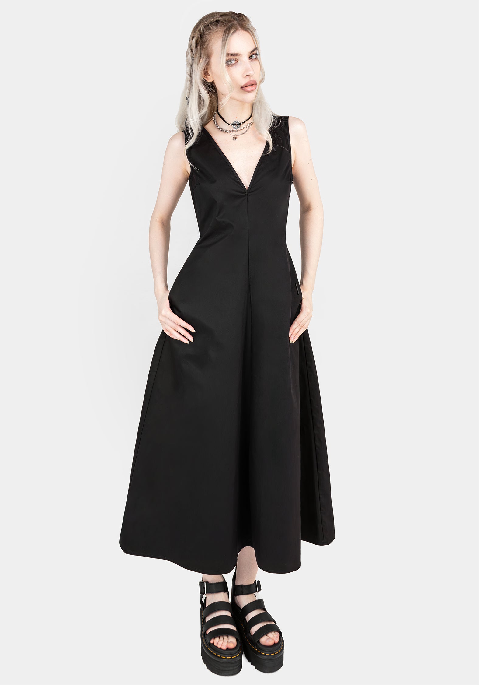 Black A-Line Cotton Midaxi Dress with V-Neck & Side Pockets | Freyja