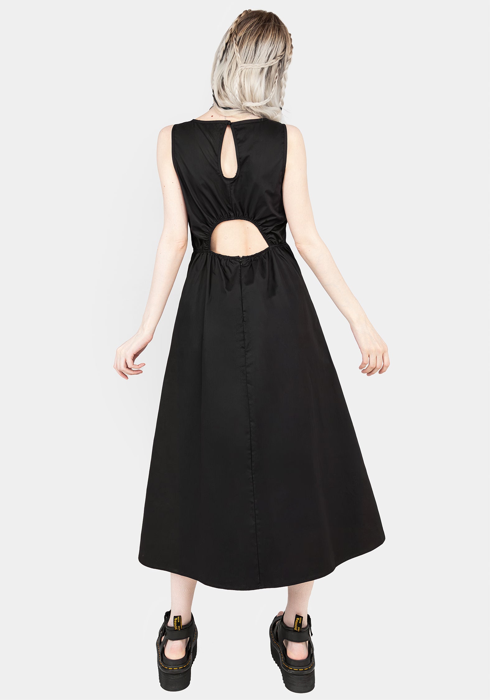 Black A-Line Cotton Midaxi Dress with V-Neck & Side Pockets | Freyja