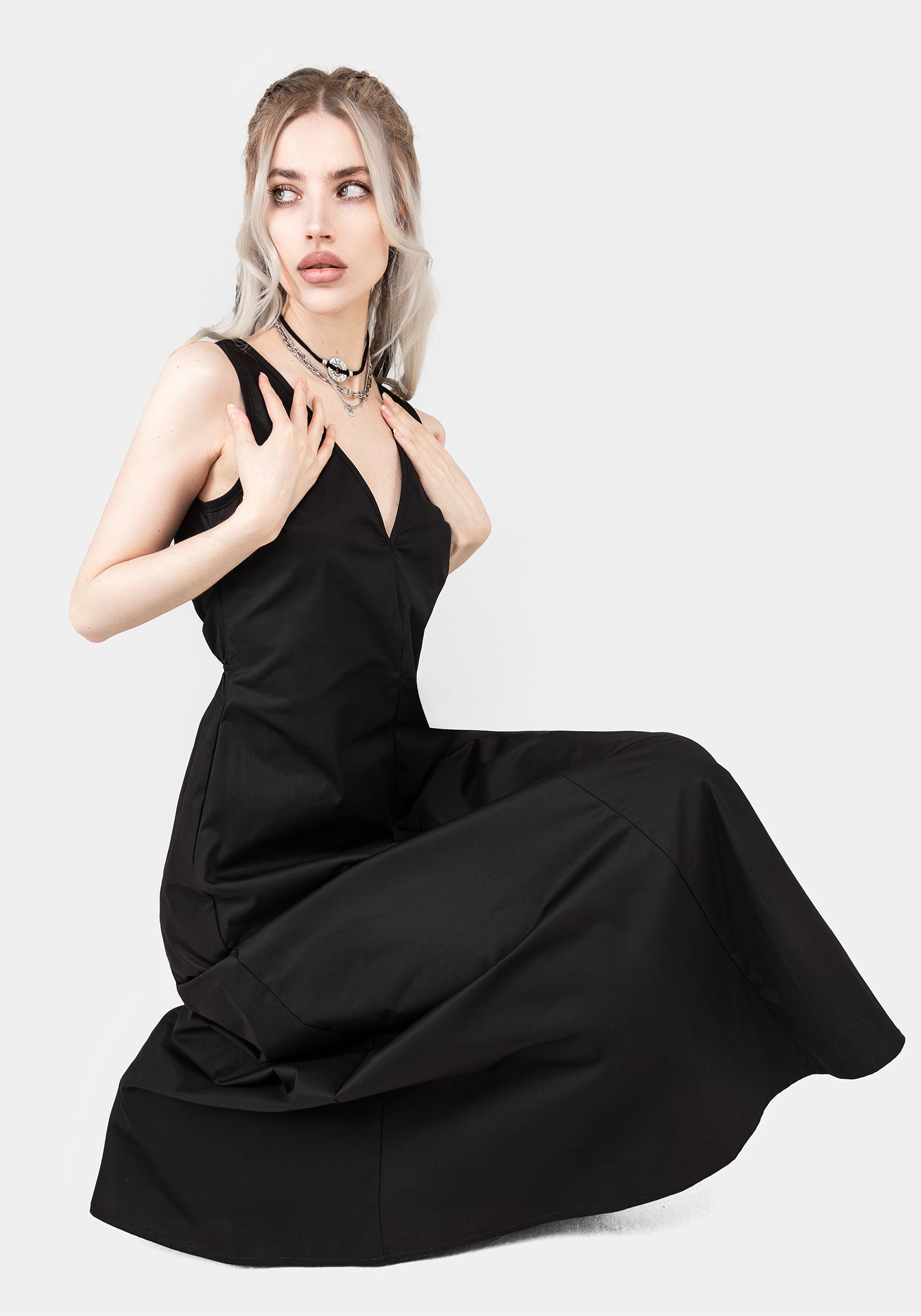 Black A-Line Cotton Midaxi Dress with V-Neck & Side Pockets | Freyja