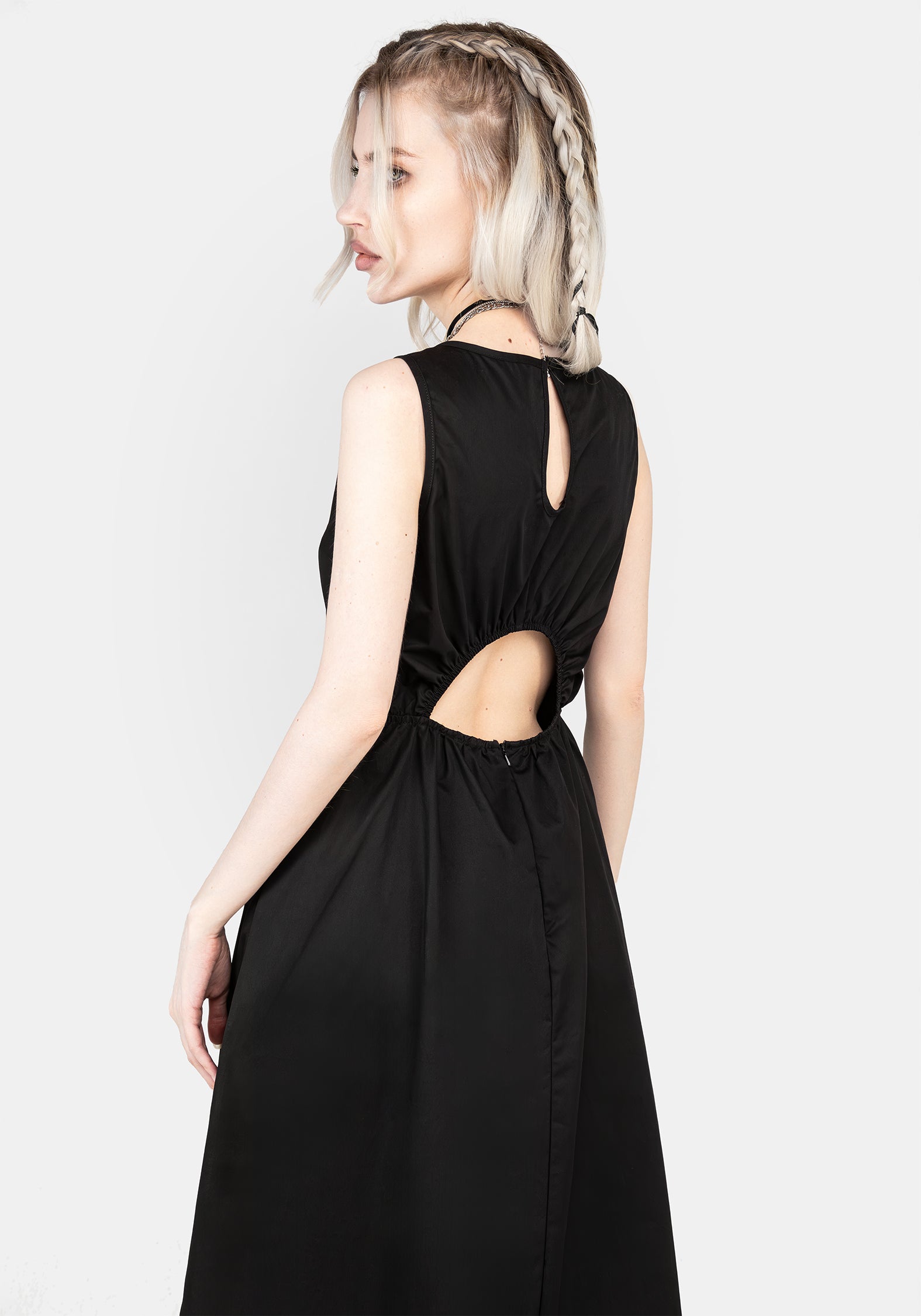 Black A-Line Cotton Midaxi Dress with V-Neck & Side Pockets | Freyja