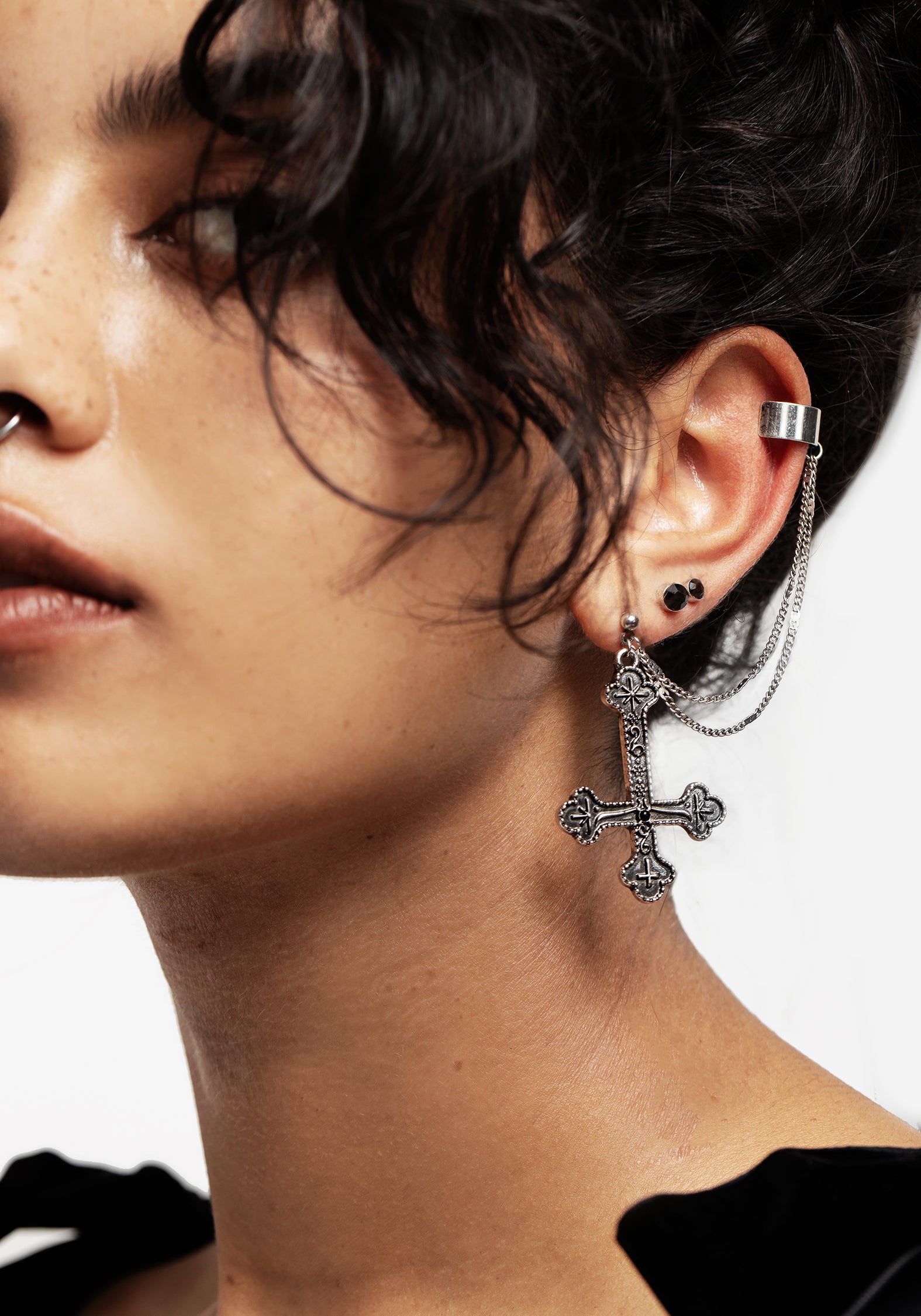 Silver Chain Cuff Earrings with Cross Drop & Black Gemstones | Crux