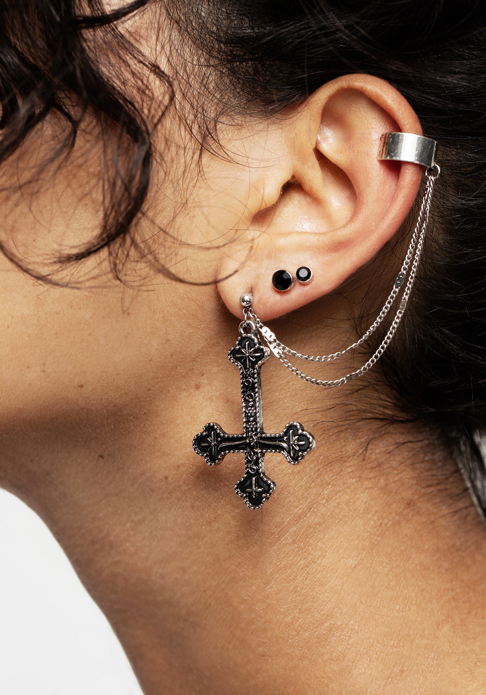 Silver Chain Cuff Earrings with Cross Drop & Black Gemstones | Crux