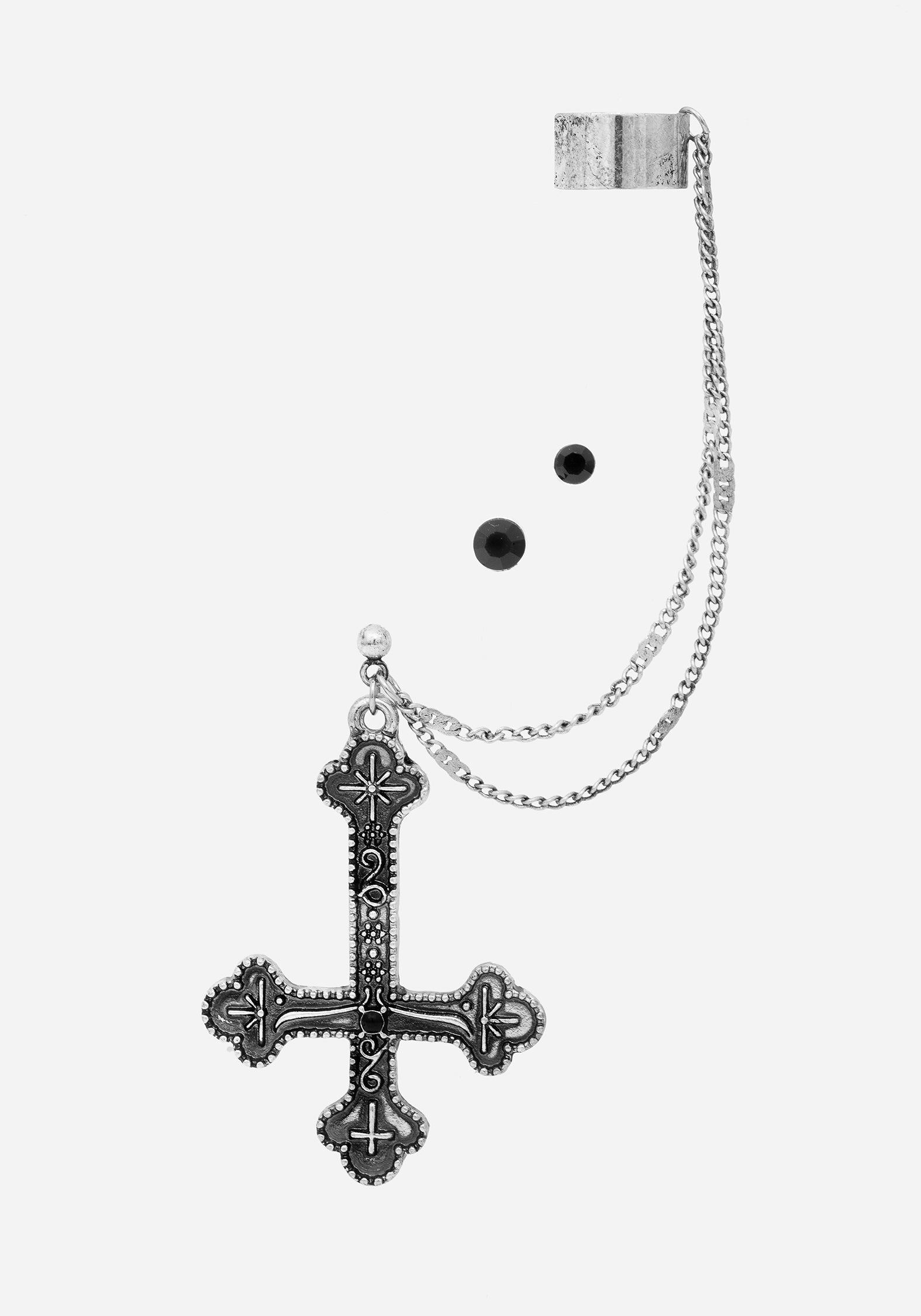 Silver Chain Cuff Earrings with Cross Drop & Black Gemstones | Crux