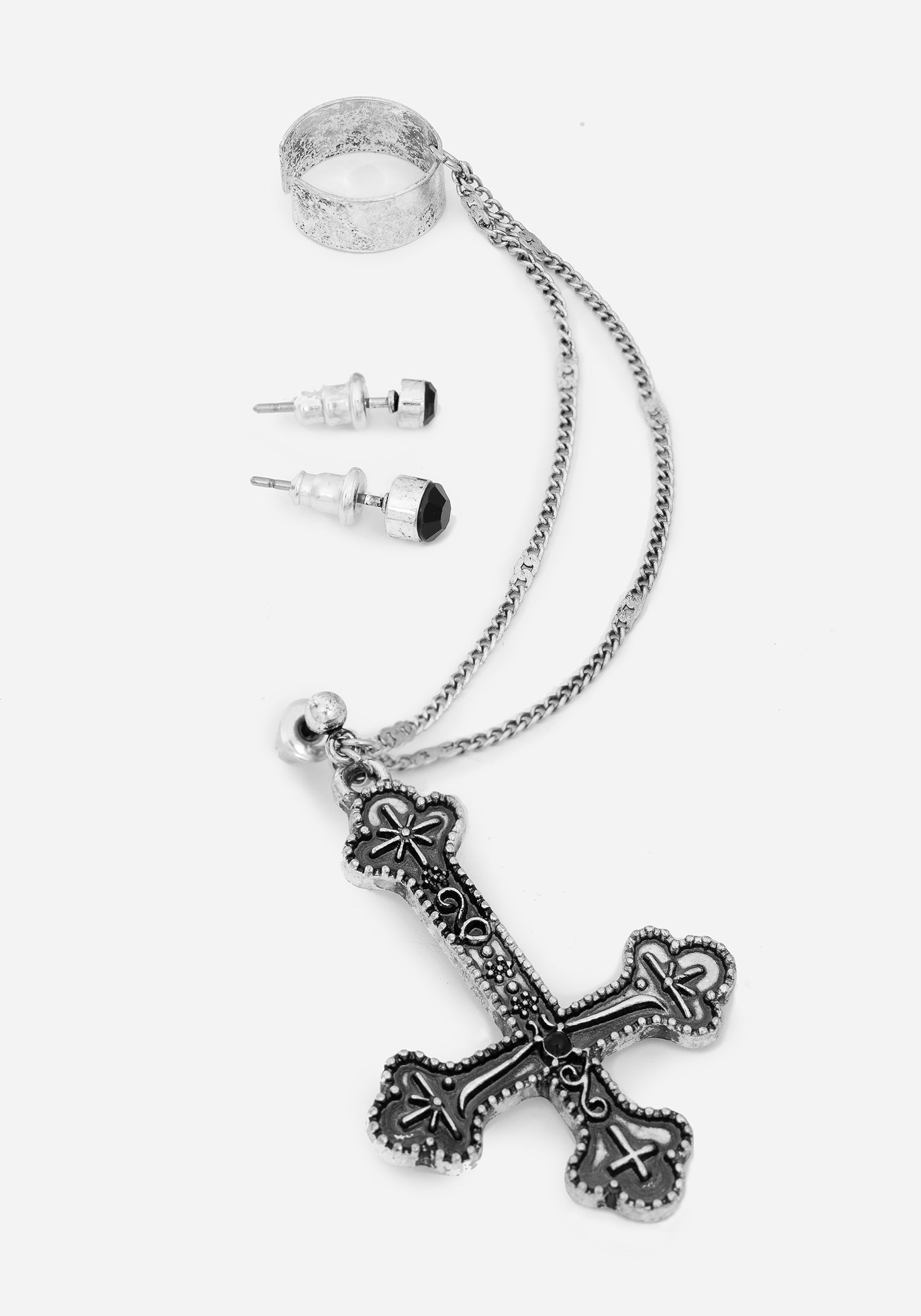 Silver Chain Cuff Earrings with Cross Drop & Black Gemstones | Crux