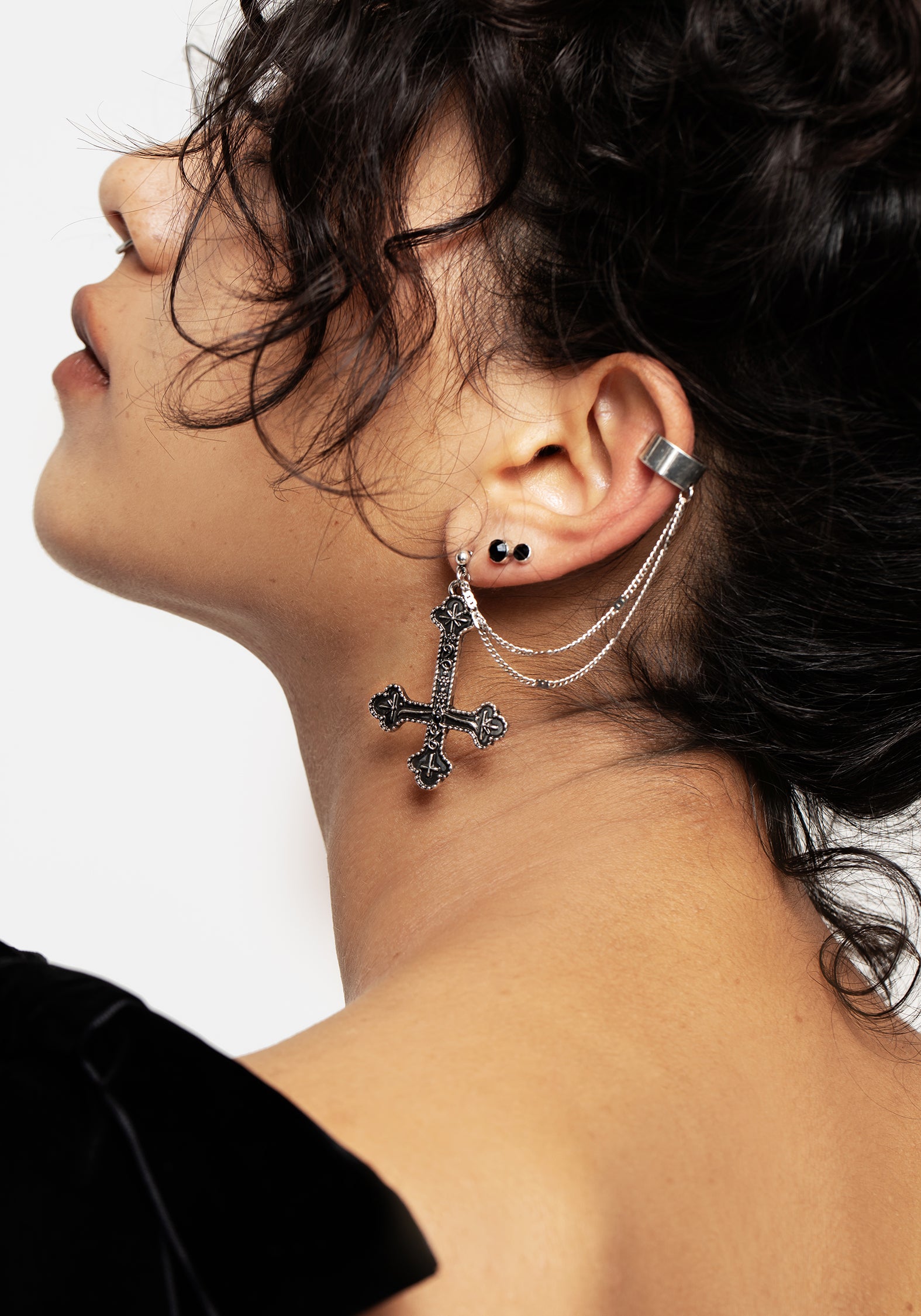 Silver Chain Cuff Earrings with Cross Drop & Black Gemstones | Crux