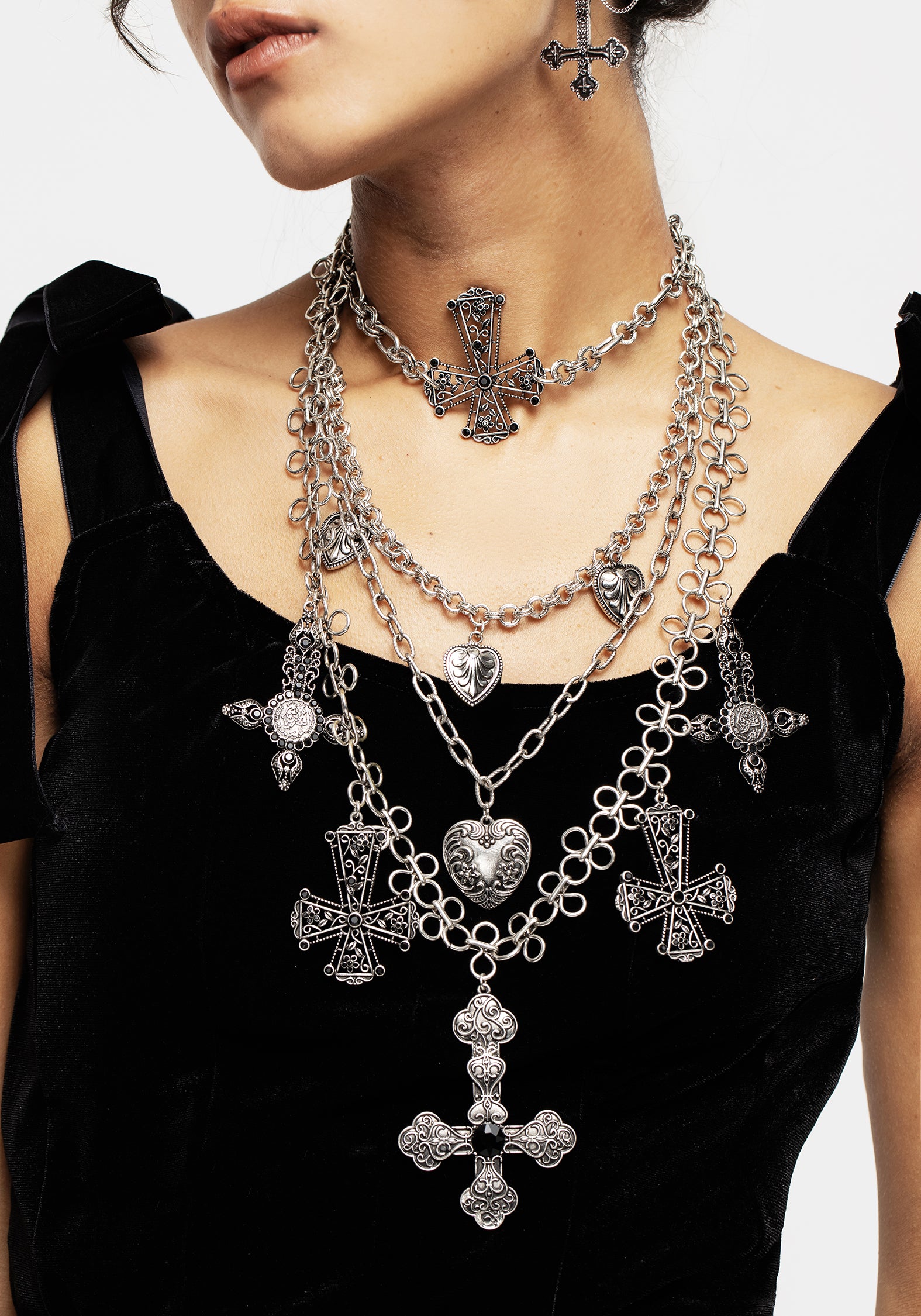 Layered Chain Necklace with Cross & Heart Charms | Crux Silver Jewelry